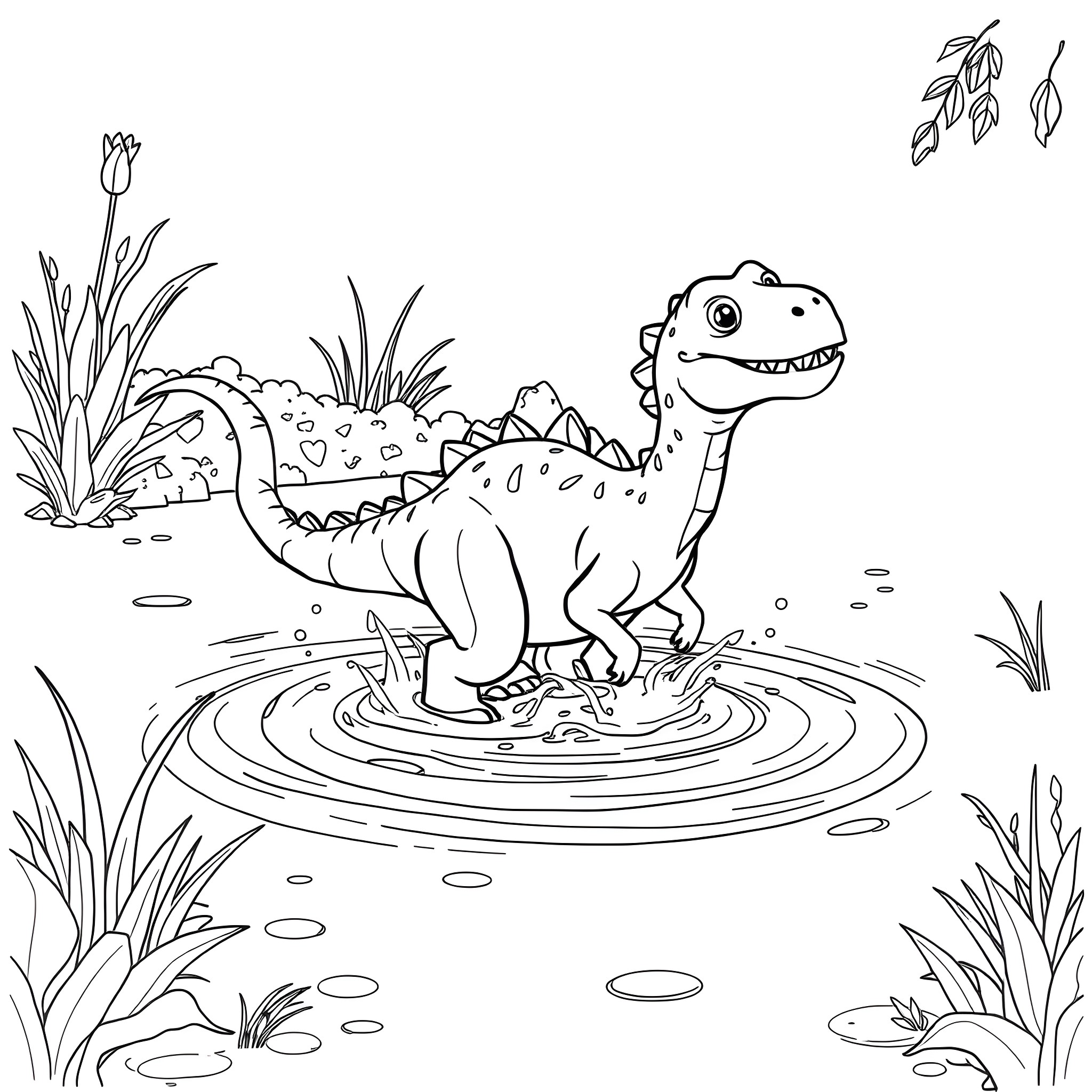 Dinosaur playing in the pond Coloring Page (free black-and-white line drawing printable PDF for all, from beginners to advanced learners, including children, teens, adults, and seniors)