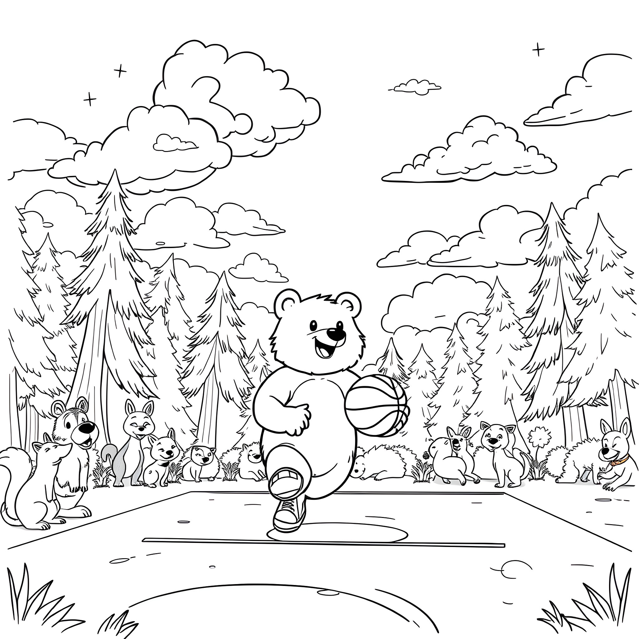 Bear playing happily with animals in the forest Coloring Page (free black-and-white line drawing printable PDF for all, from beginners to advanced learners, including children, teens, adults, and seniors)