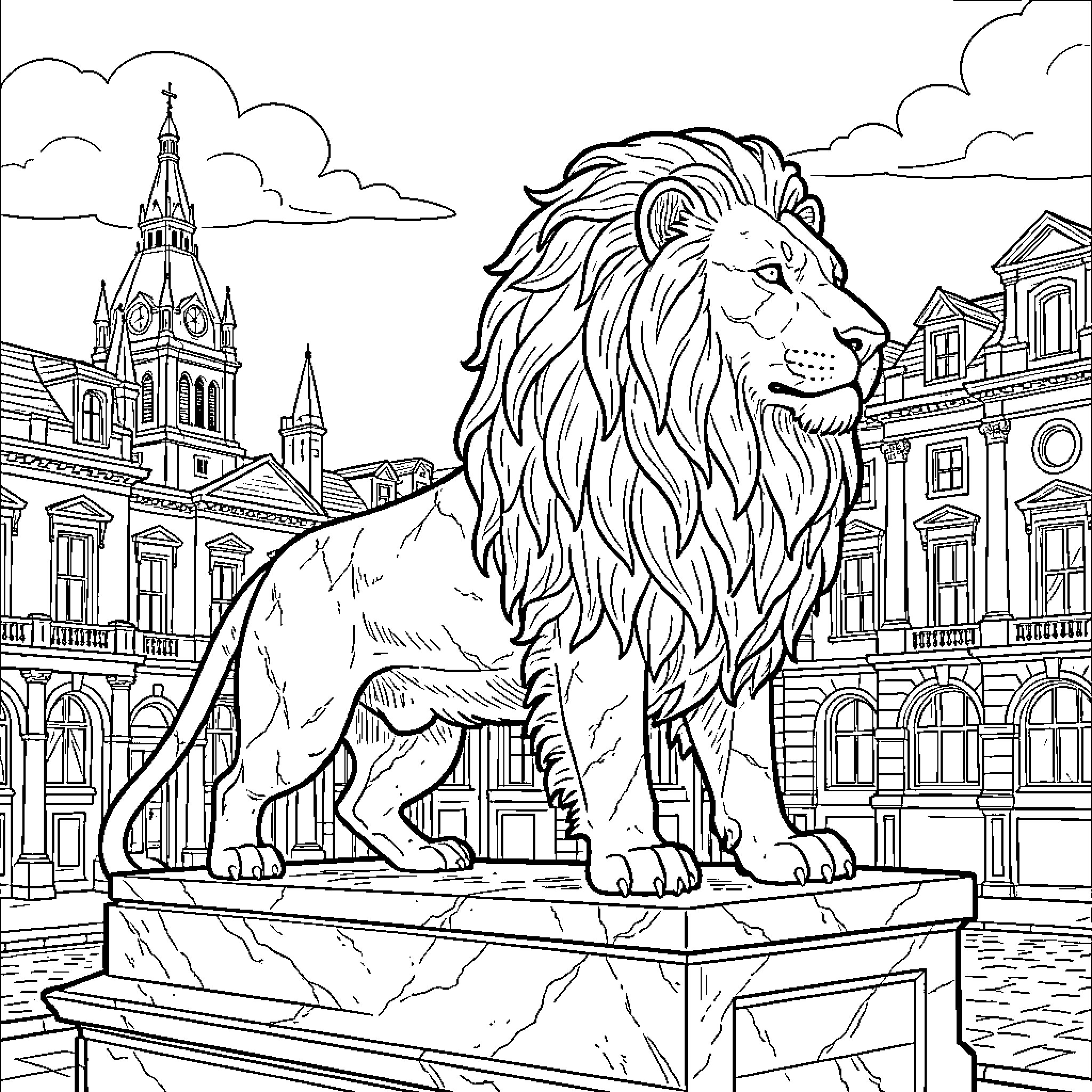 Lion guarding the city palace Coloring Page (free black-and-white line drawing printable PDF for all, from beginners to advanced learners, including children, teens, adults, and seniors)