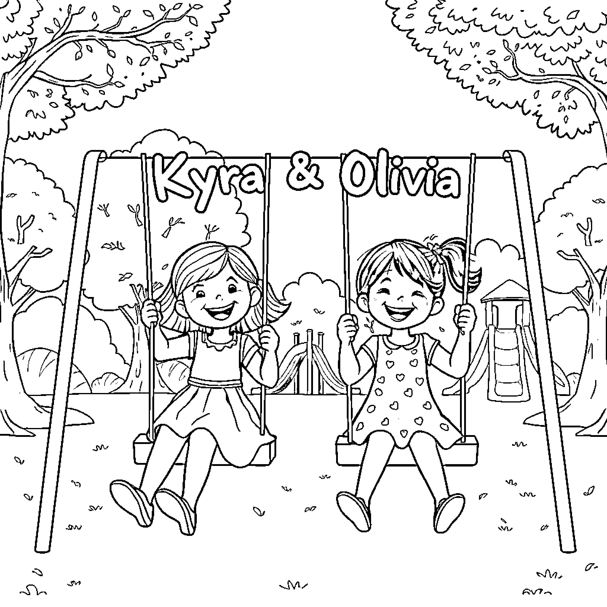 Girls enjoying playful swing in outdoor park Coloring Page (free black-and-white line drawing printable PDF for all, from beginners to advanced learners, including children, teens, adults, and seniors)