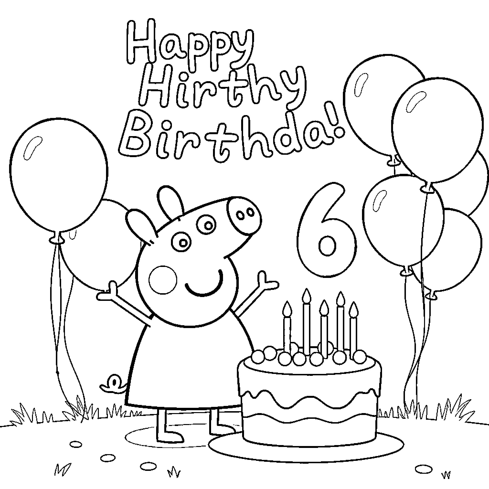 Peppa Pig celebrates 6th birthday with balloons and cake Coloring Page (free black-and-white line drawing printable PDF for all, from beginners to advanced learners, including children, teens, adults, and seniors)