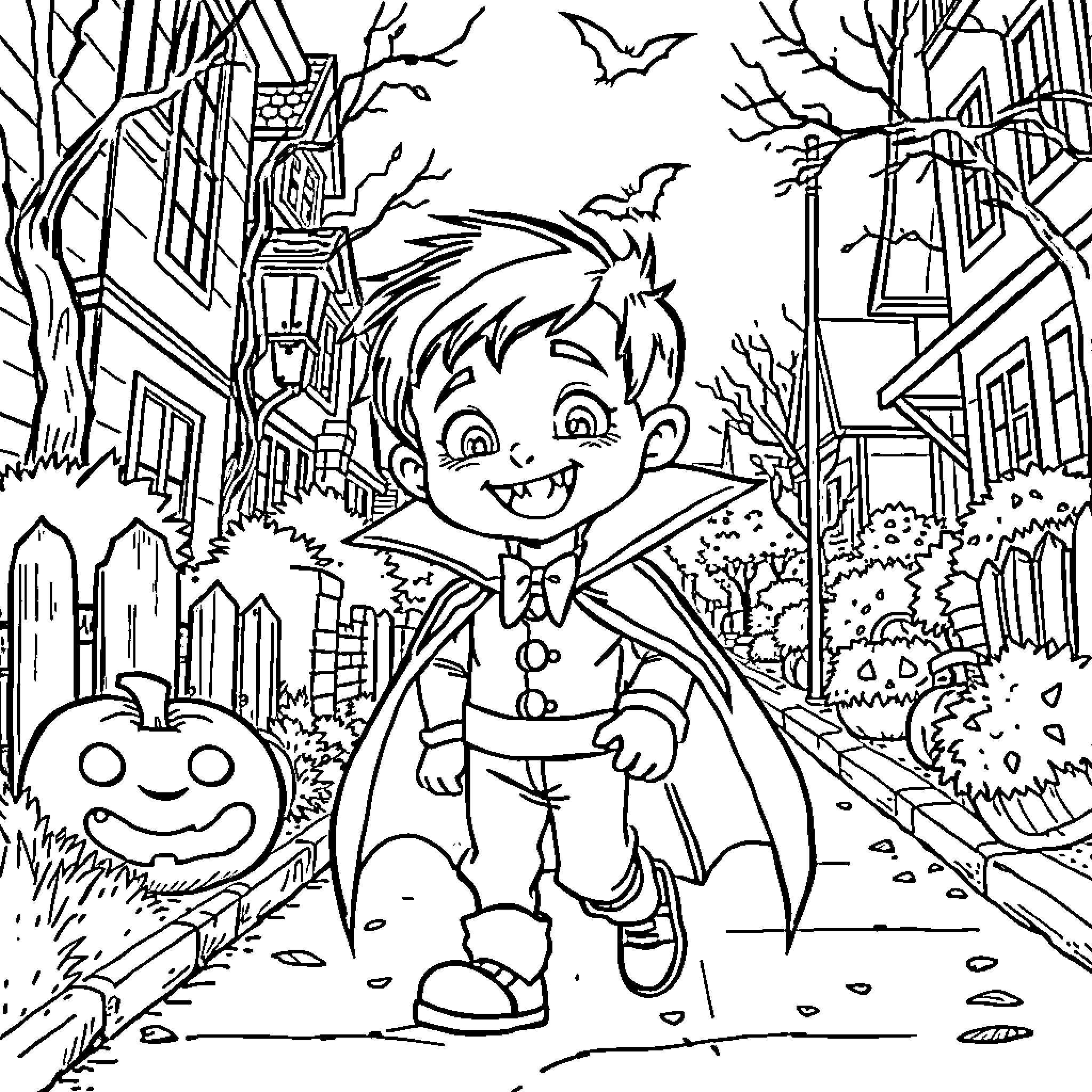 Boy dressed as vampire walks down spooky street Coloring Page (free black-and-white line drawing printable PDF for all, from beginners to advanced learners, including children, teens, adults, and seniors)