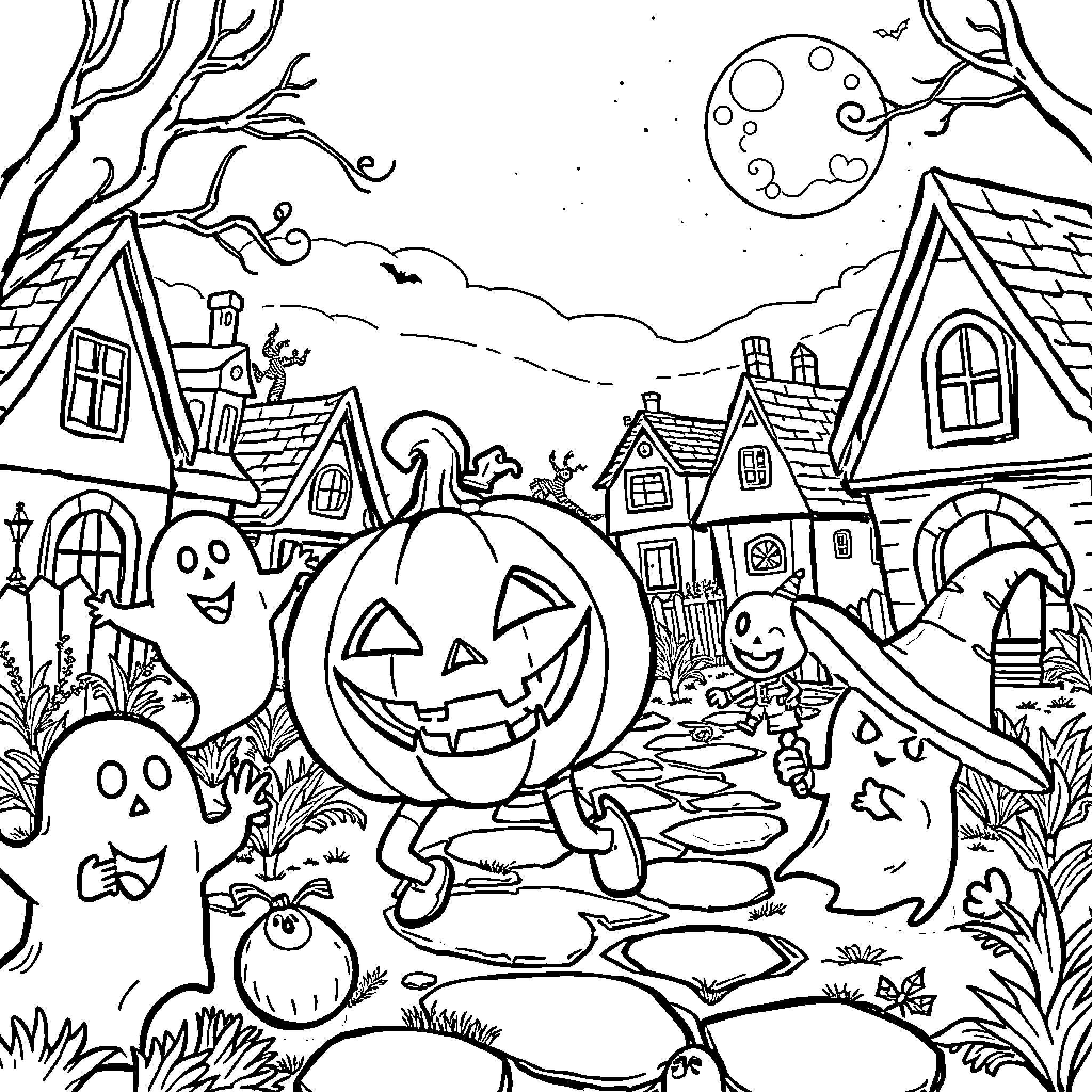 Jack-o'-lantern in a spooky Halloween village Coloring Page (free black-and-white line drawing printable PDF for all, from beginners to advanced learners, including children, teens, adults, and seniors)
