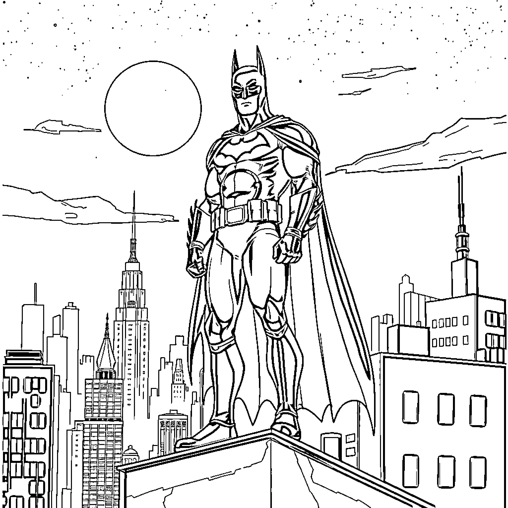 Batman overlooking the city skyline at night Coloring Page (free black-and-white line drawing printable PDF for all, from beginners to advanced learners, including children, teens, adults, and seniors)