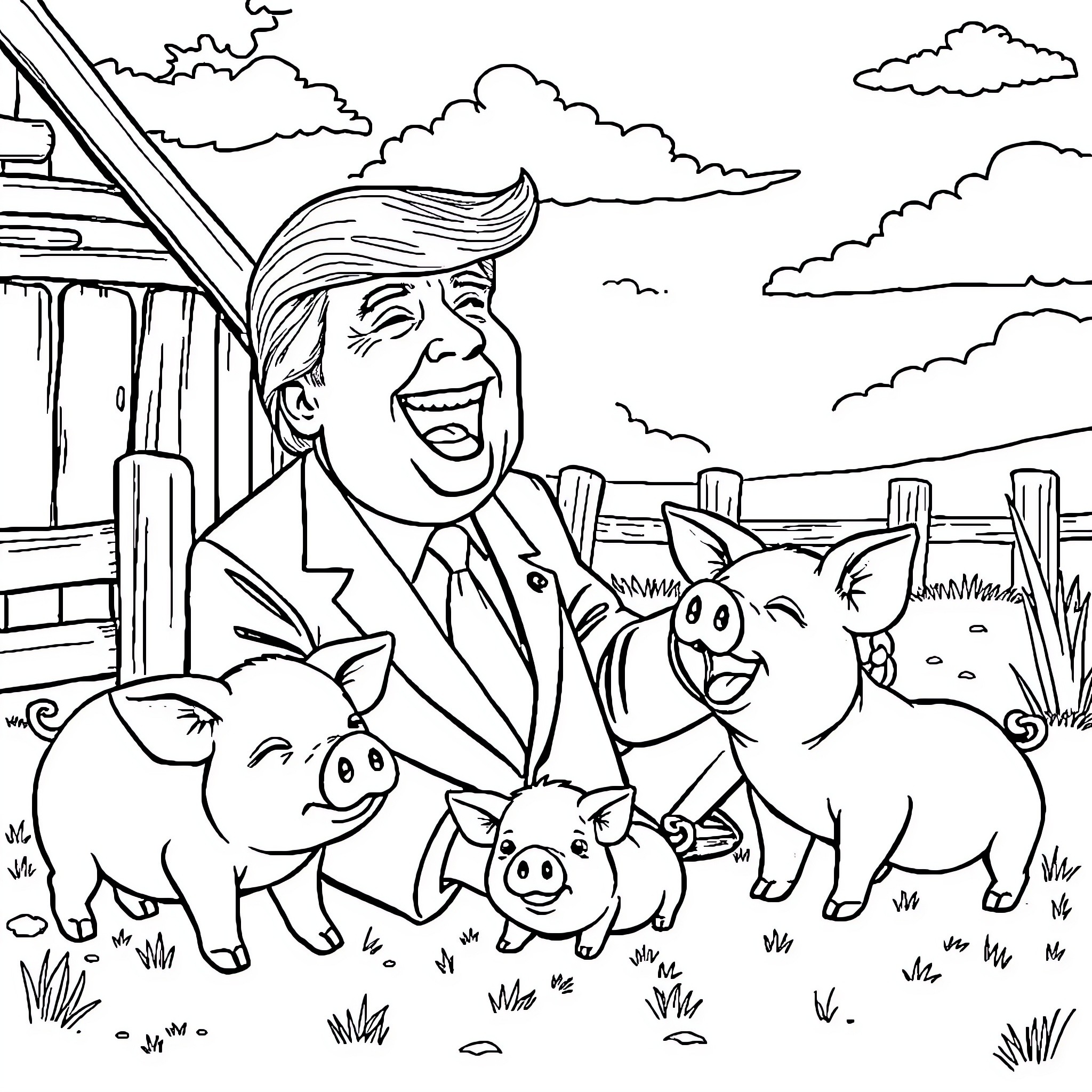 Donald Trump Interacting with Friendly Pigs on a Farm Coloring Page (free black-and-white line drawing printable PDF for all, from beginners to advanced learners, including children, teens, adults, and seniors)