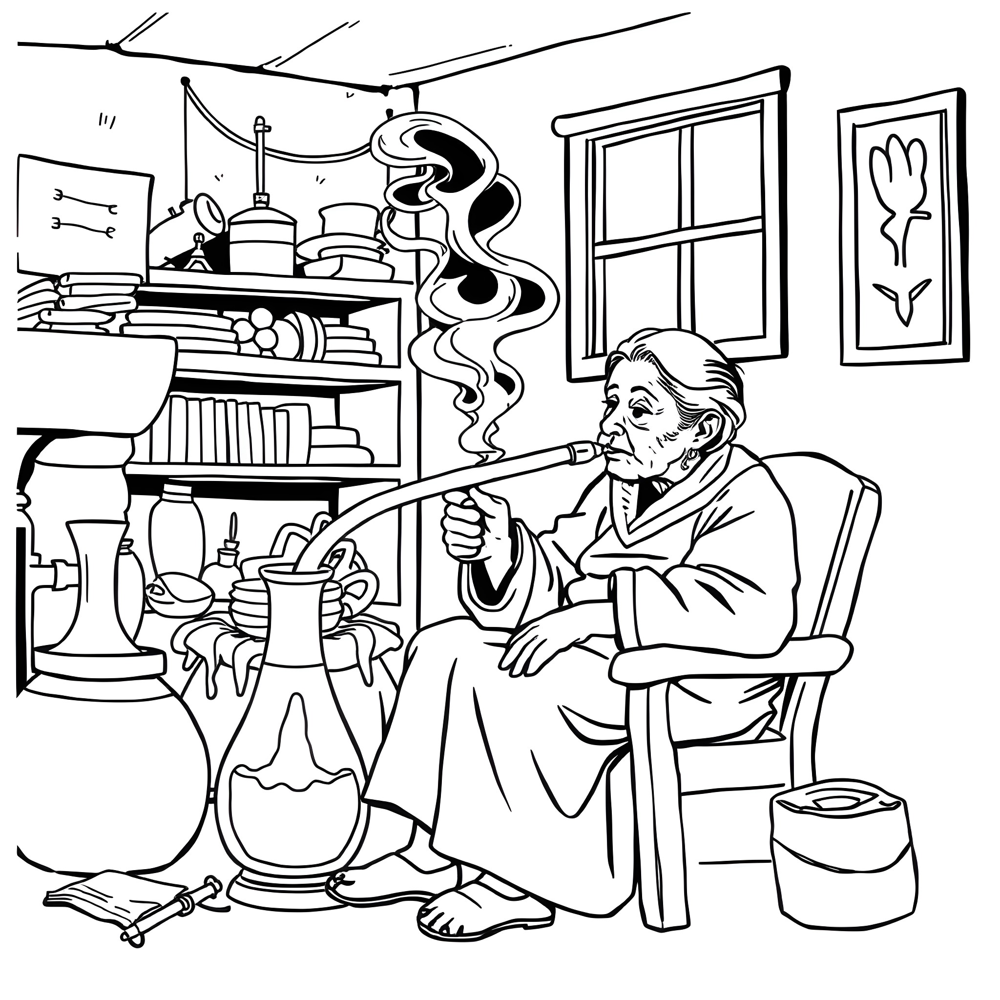 Mom enjoying her pipe by the cozy fireplace Coloring Page (free black-and-white line drawing printable PDF for all, from beginners to advanced learners, including children, teens, adults, and seniors)