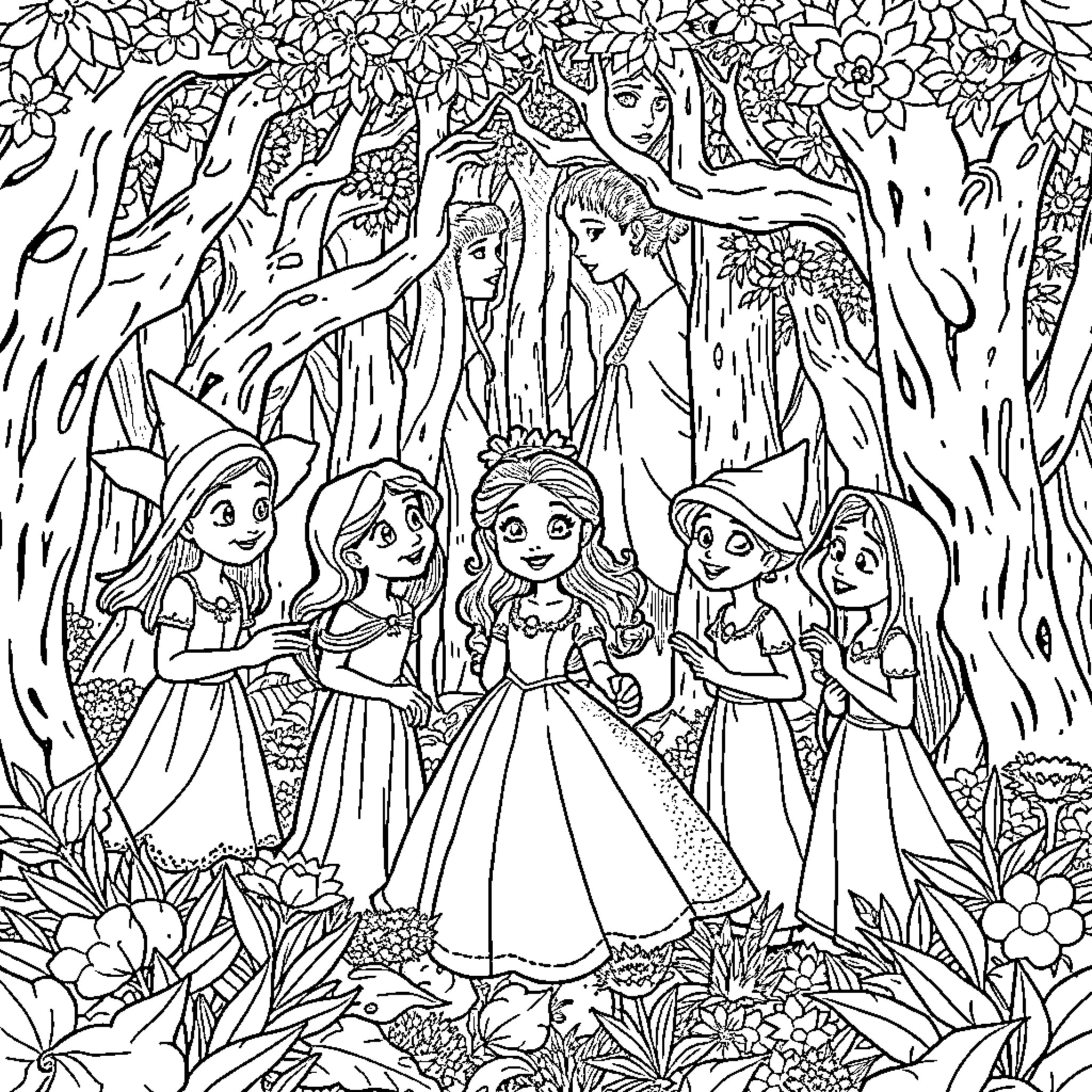 Snow White and the Seven Princesses in the Enchanted Forest Coloring Page (free black-and-white line drawing printable PDF for all, from beginners to advanced learners, including children, teens, adults, and seniors)