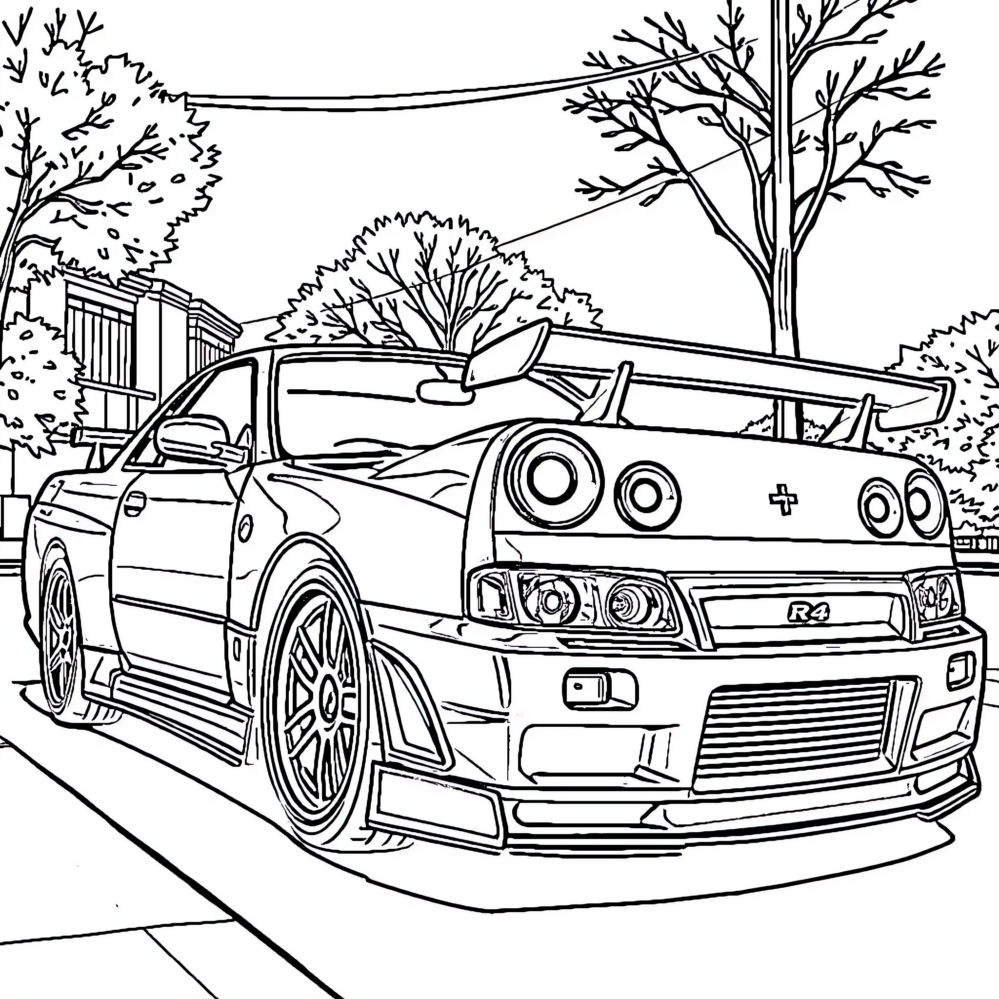 Nissan Sports Car on a Scenic Road Coloring Page (free black-and-white line drawing printable PDF for all, from beginners to advanced learners, including children, teens, adults, and seniors)