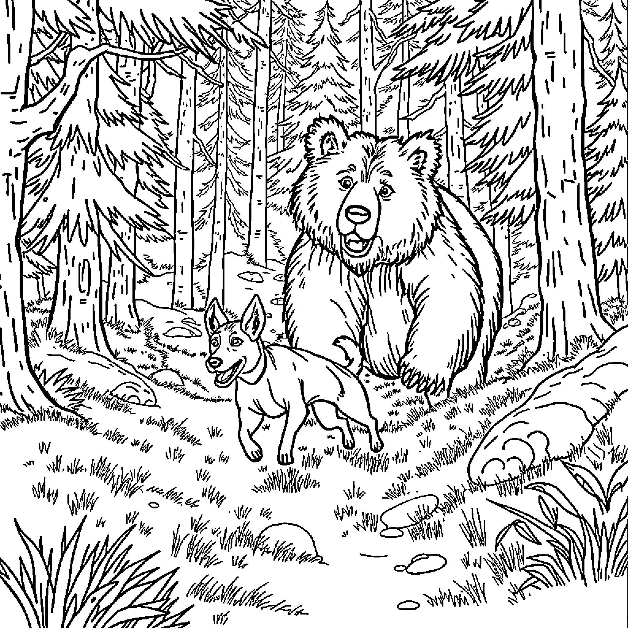 Dog and fox exploring the forest Coloring Page (free black-and-white line drawing printable PDF for all, from beginners to advanced learners, including children, teens, adults, and seniors)