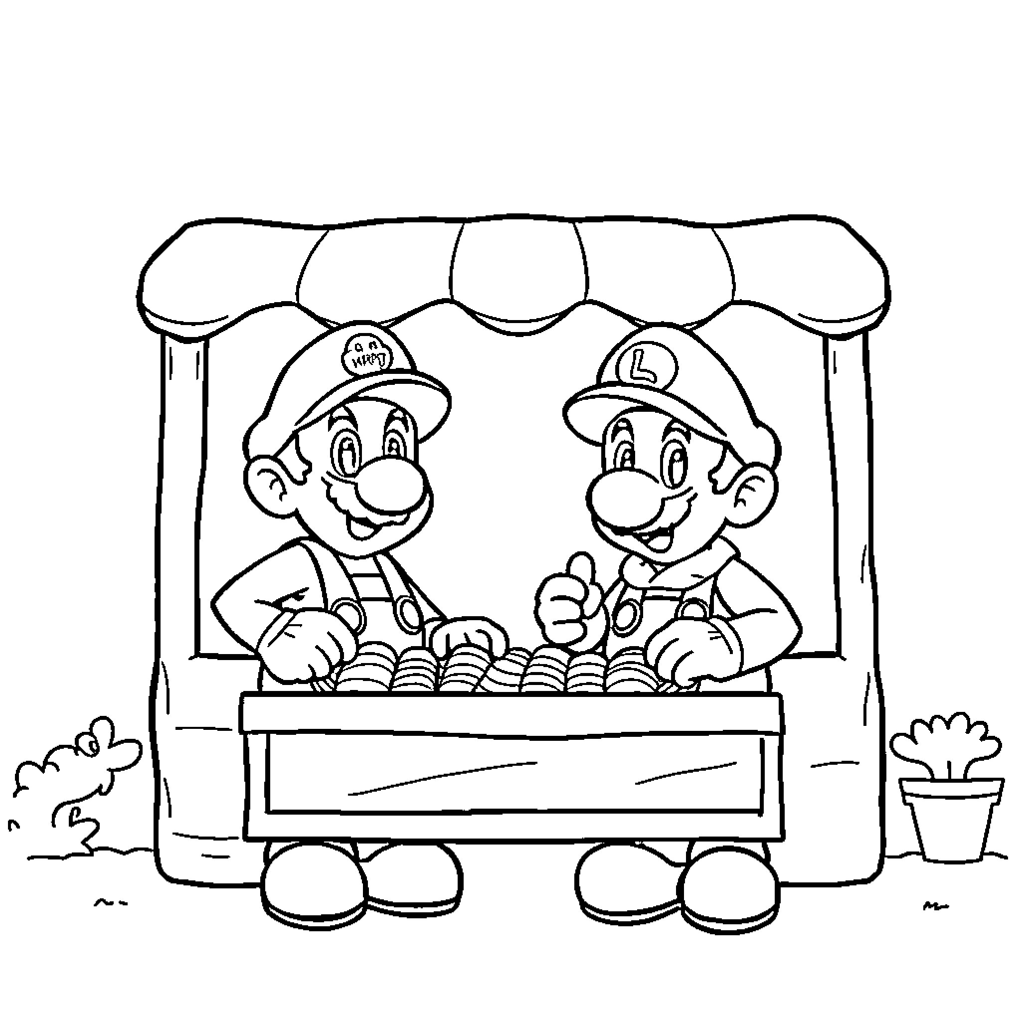 Mario and Luigi running a fruit stand Coloring Page (free black-and-white line drawing printable PDF for all, from beginners to advanced learners, including children, teens, adults, and seniors)