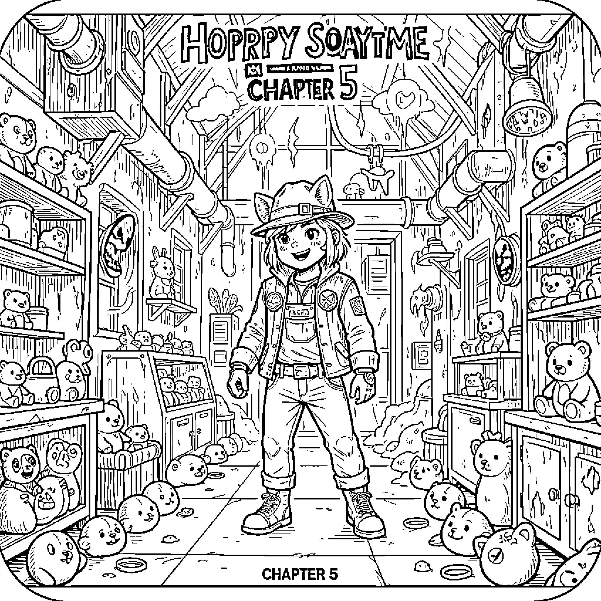 Harley Soyers' Happy Adventure in a Toy-Filled Shop Coloring Page (free black-and-white line drawing printable PDF for all, from beginners to advanced learners, including children, teens, adults, and seniors)