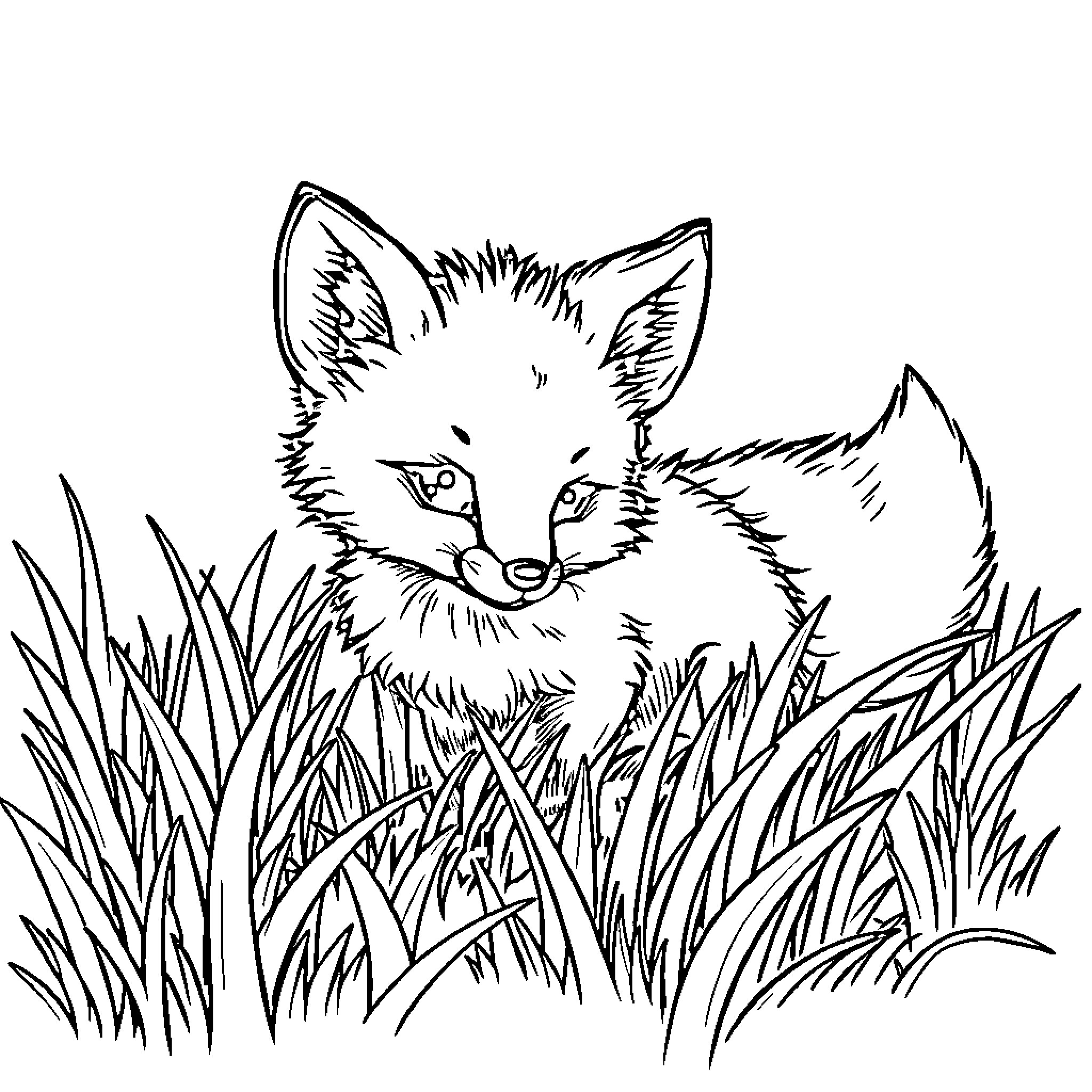 Fox hidden in tall grass Coloring Page (free black-and-white line drawing printable PDF for all, from beginners to advanced learners, including children, teens, adults, and seniors)