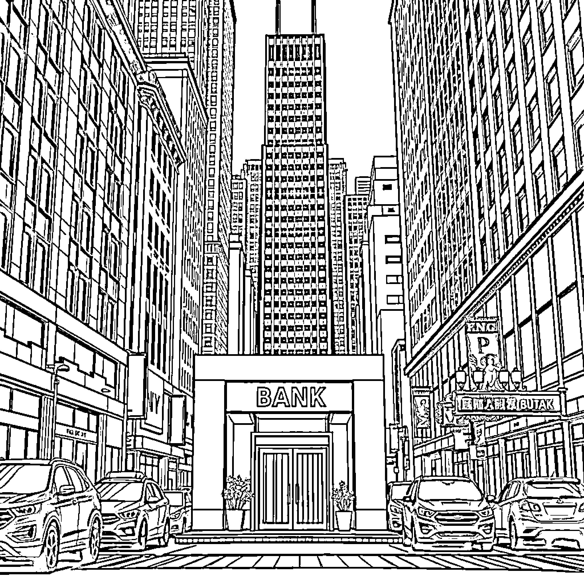 Bank building and busy urban street scene Coloring Page (free black-and-white line drawing printable PDF for all, from beginners to advanced learners, including children, teens, adults, and seniors)