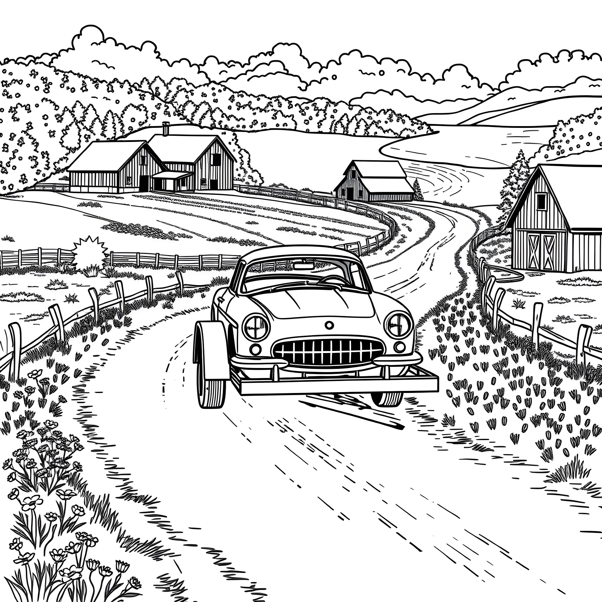 Car driving on a rural road in the countryside Coloring Page (free black-and-white line drawing printable PDF for all, from beginners to advanced learners, including children, teens, adults, and seniors)