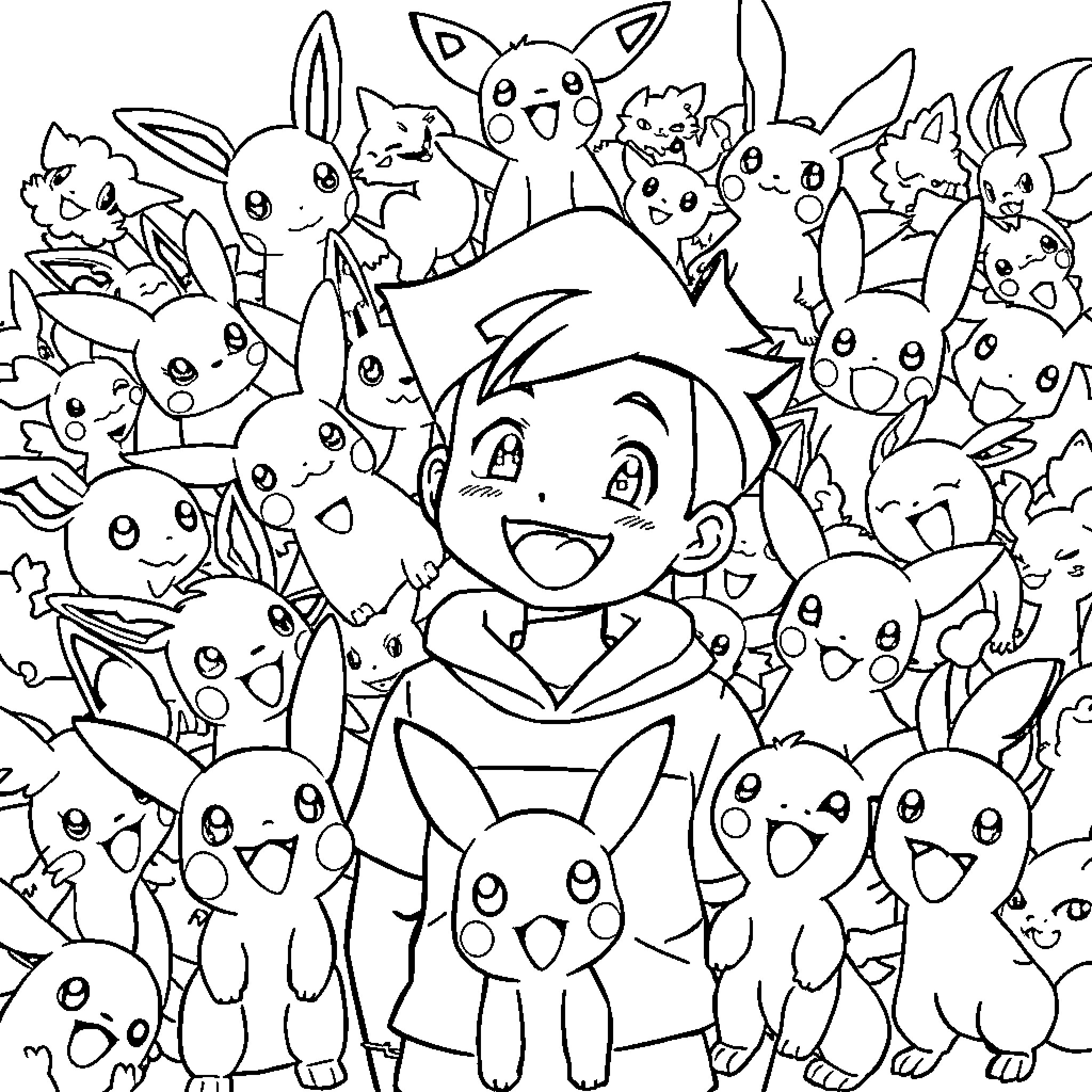 Boy surrounded by cute and friendly cartoon creatures Coloring Page (free black-and-white line drawing printable PDF for all, from beginners to advanced learners, including children, teens, adults, and seniors)