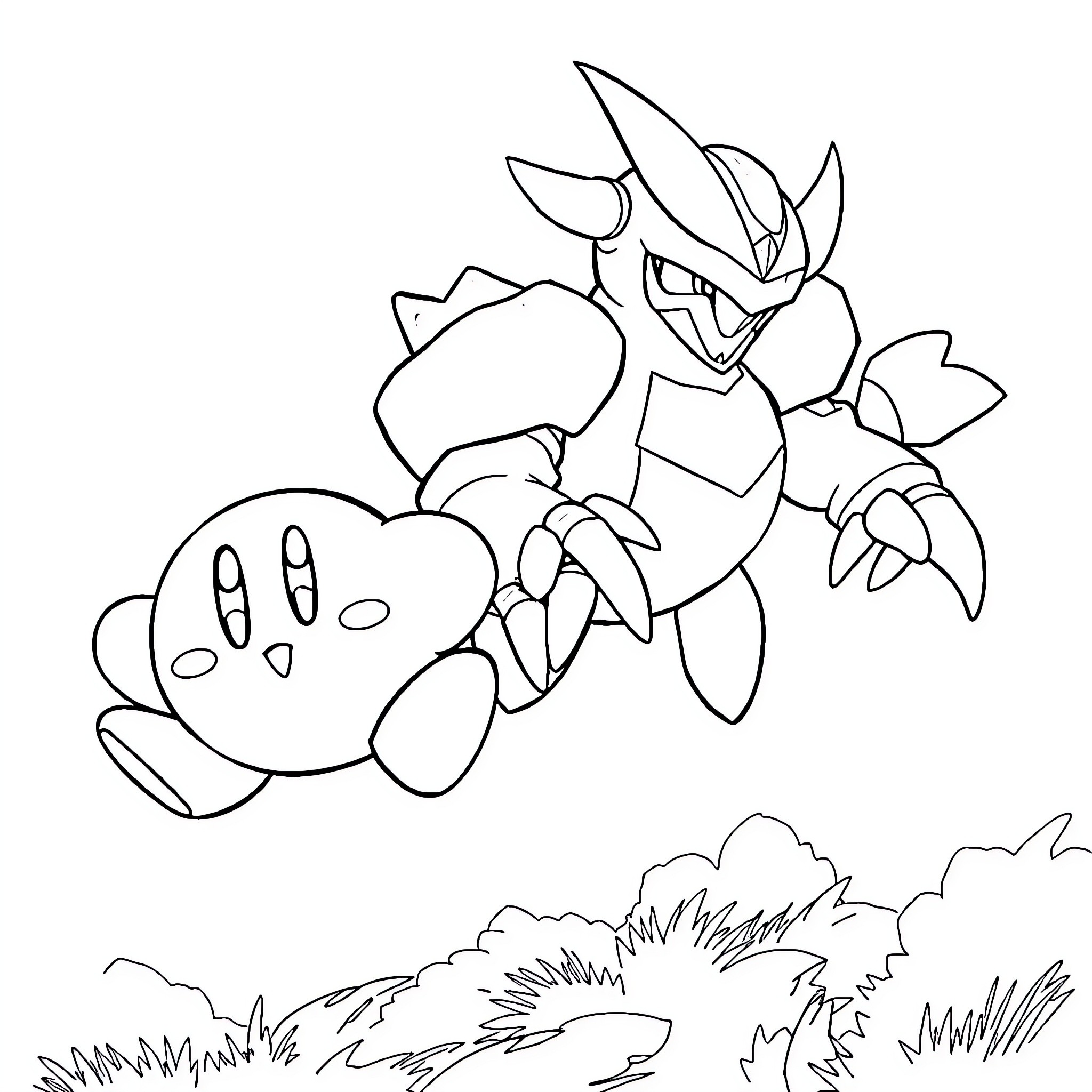 Kirby battling a fierce opponent in a grassy field Coloring Page (free black-and-white line drawing printable PDF for all, from beginners to advanced learners, including children, teens, adults, and seniors)