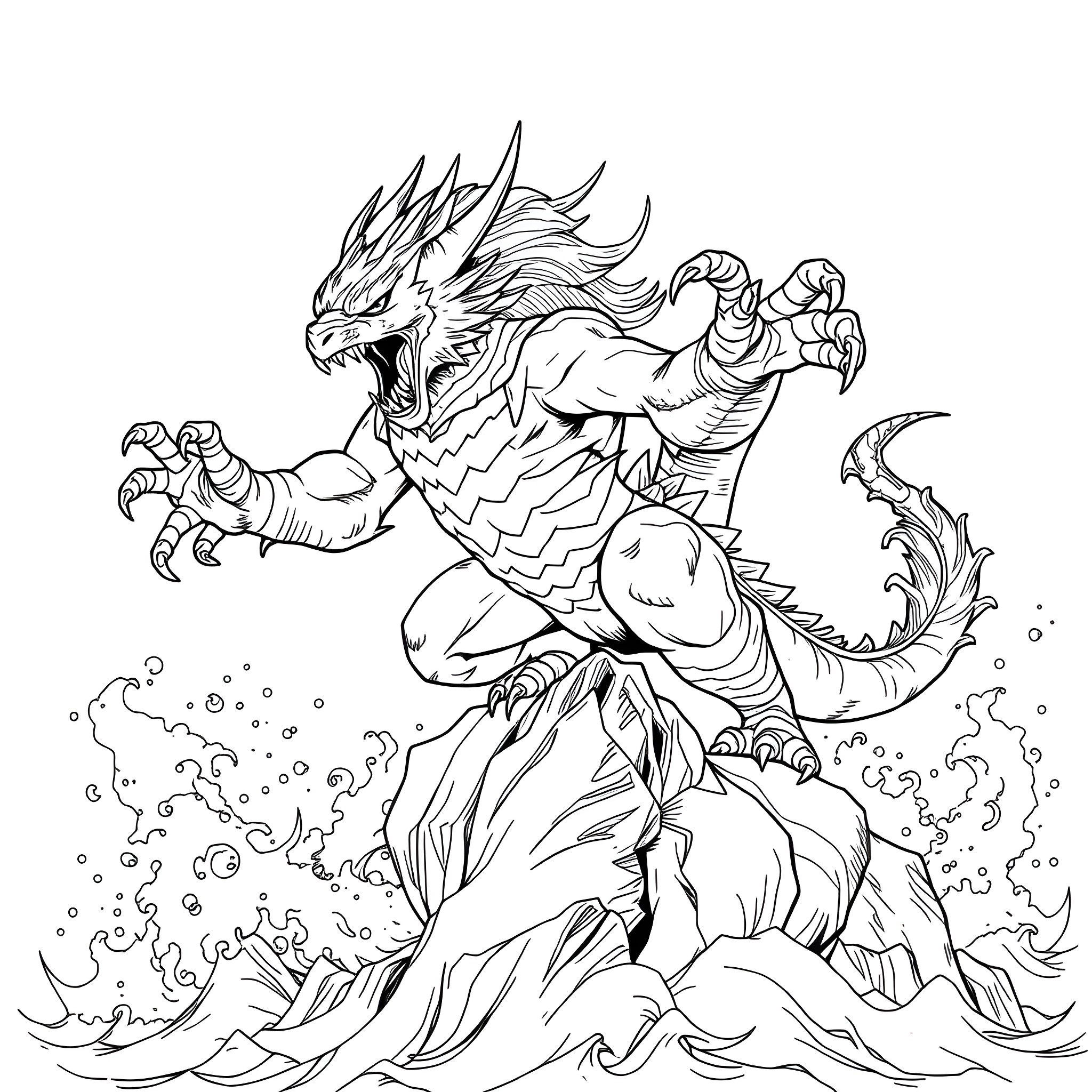 Mishipeshu rising from the depths of the water Coloring Page (free black-and-white line drawing printable PDF for all, from beginners to advanced learners, including children, teens, adults, and seniors)