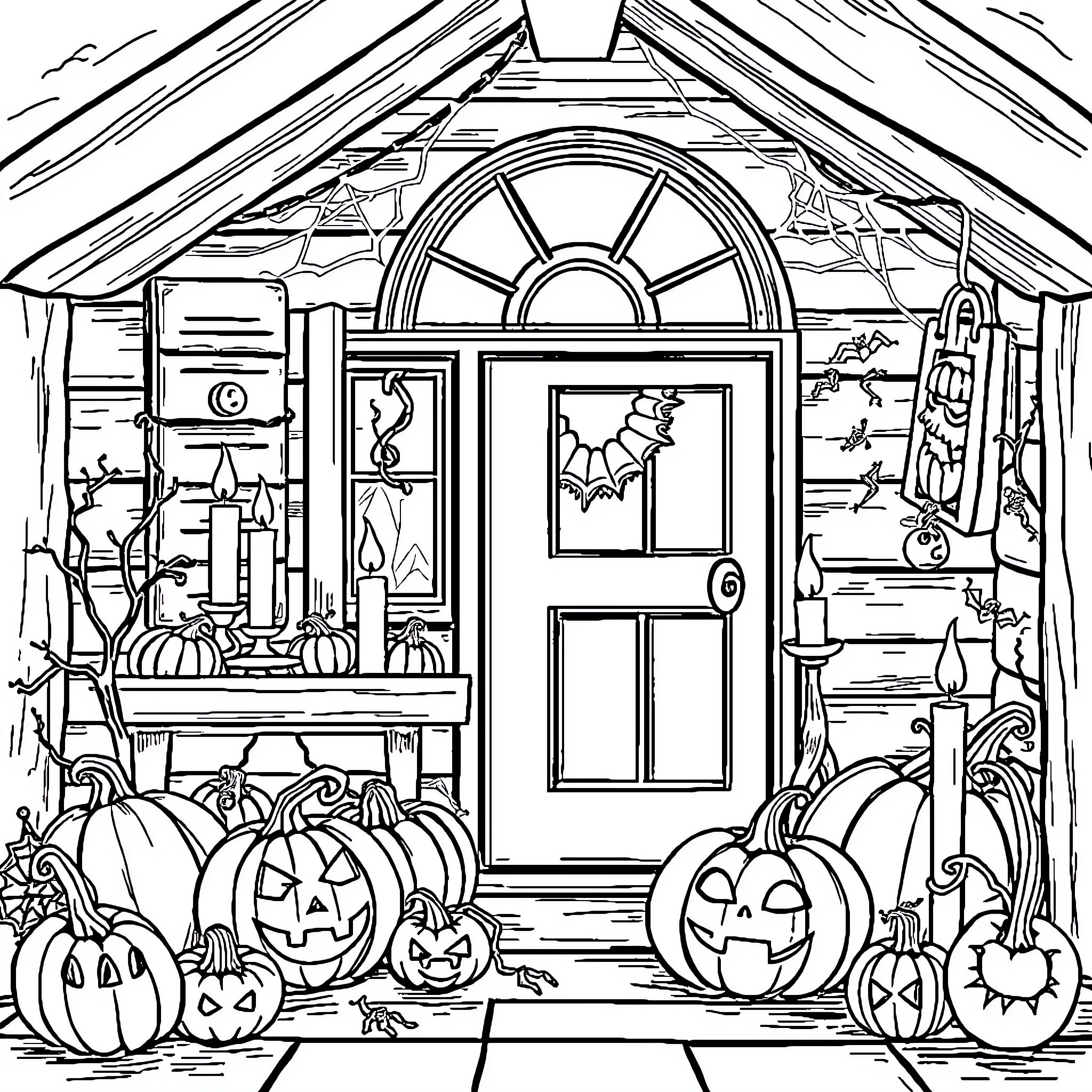 Halloween Decorations and Jack-o'-Lanterns on Porch Coloring Page (free black-and-white line drawing printable PDF for all, from beginners to advanced learners, including children, teens, adults, and seniors)