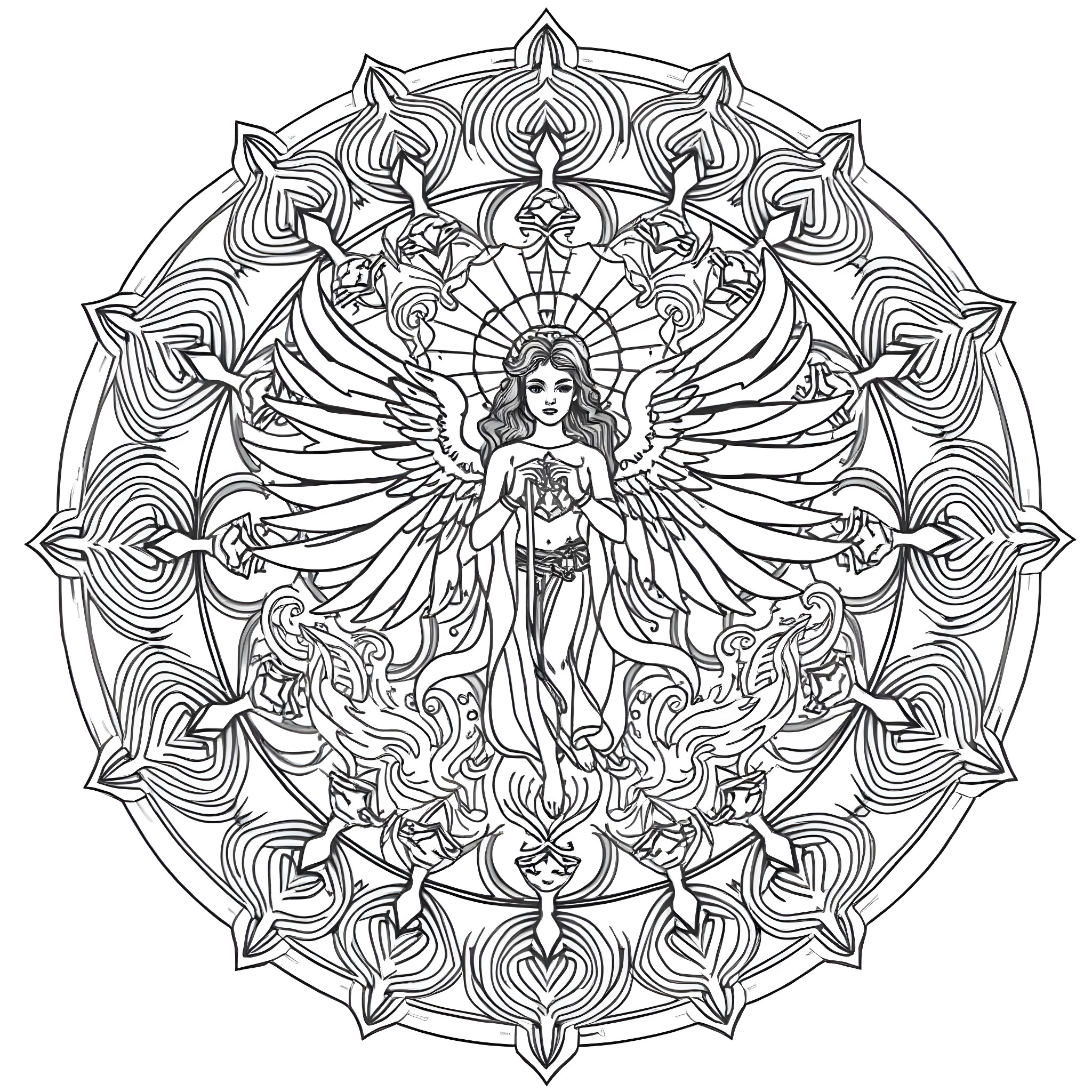 Mandala of a winged goddess figure Coloring Page (free black-and-white line drawing printable PDF for all, from beginners to advanced learners, including children, teens, adults, and seniors)