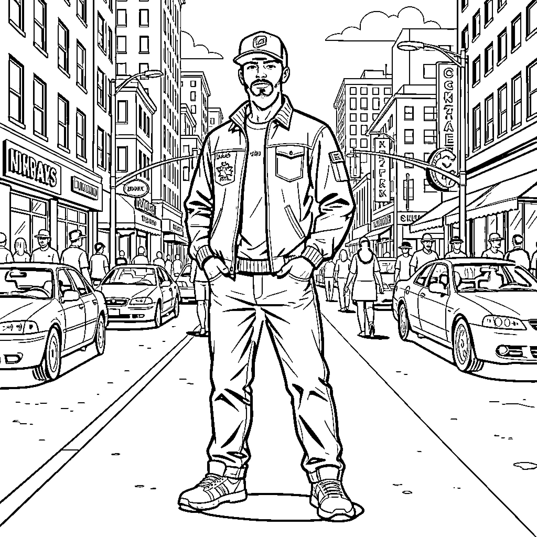 GTA Character standing confidently on a busy city street Coloring Page (free black-and-white line drawing printable PDF for all, from beginners to advanced learners, including children, teens, adults, and seniors)