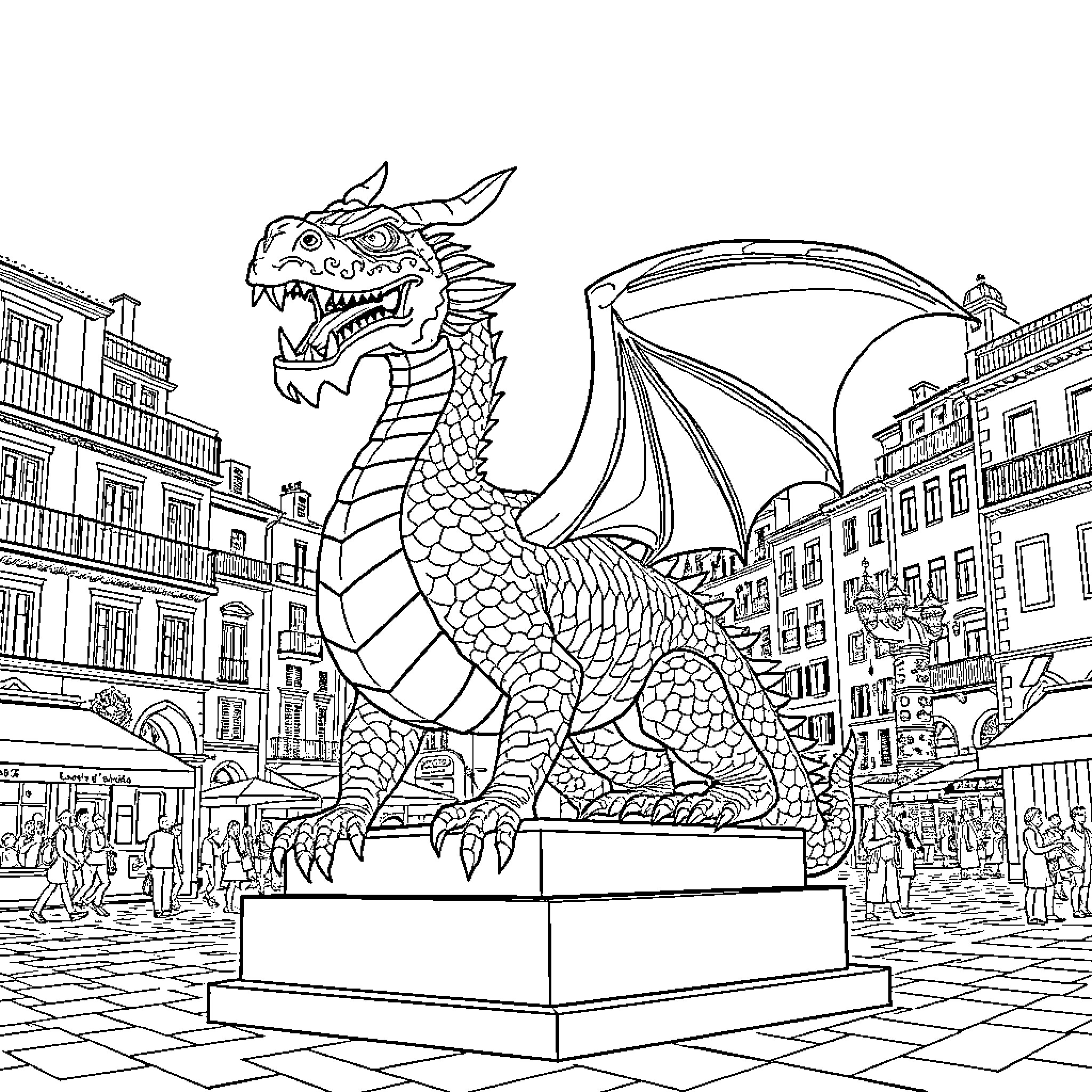 Drac's Fearsome Dragon Statue Captivates City Square Coloring Page (free black-and-white line drawing printable PDF for all, from beginners to advanced learners, including children, teens, adults, and seniors)