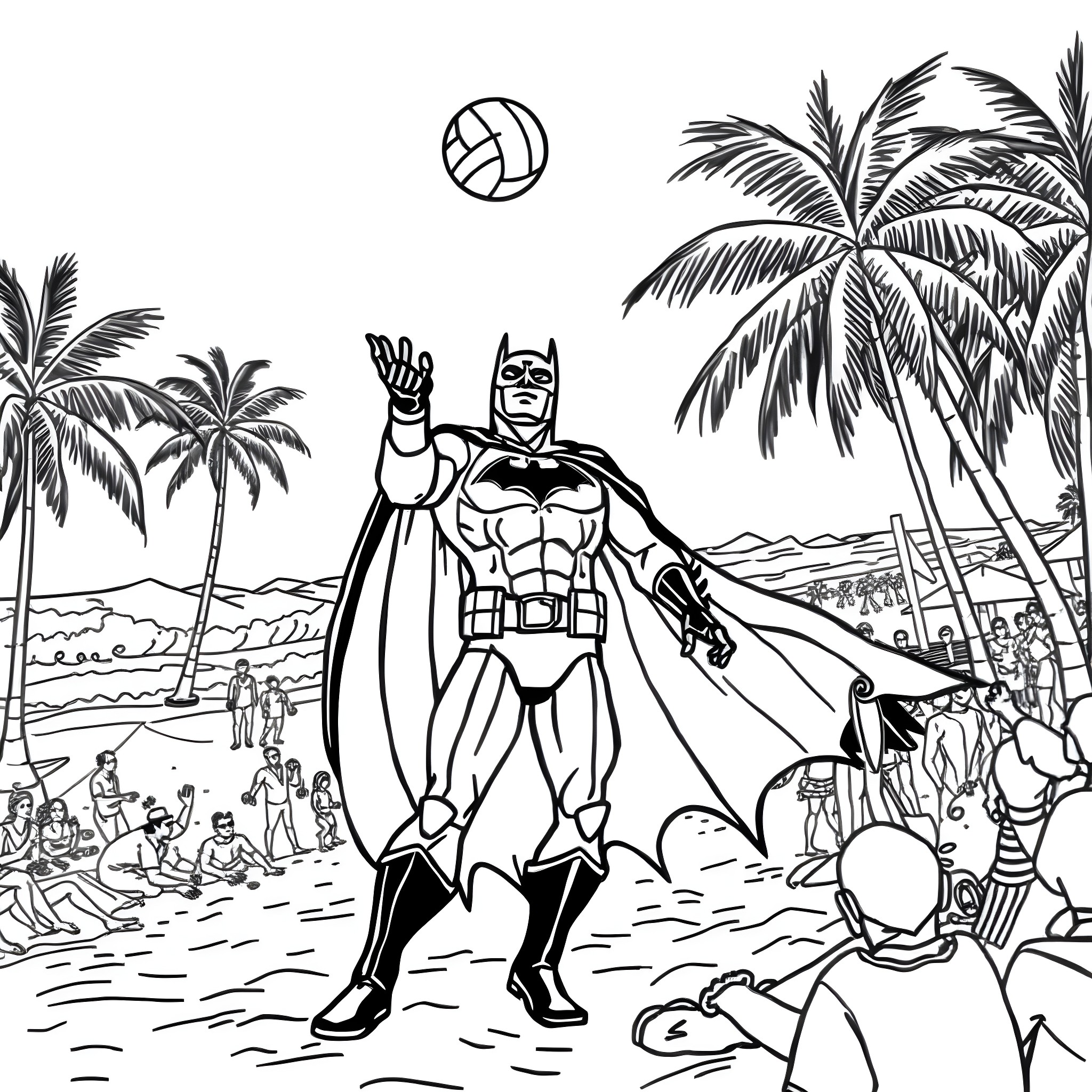 Batman Enjoying Beach Day with Beachgoers Coloring Page (free black-and-white line drawing printable PDF for all, from beginners to advanced learners, including children, teens, adults, and seniors)