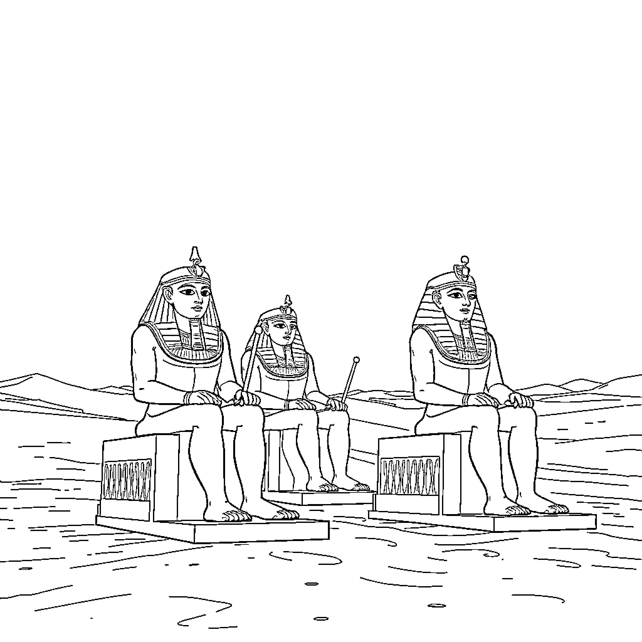 Egyptian God Figures Seated in Contemplation Coloring Page (free black-and-white line drawing printable PDF for all, from beginners to advanced learners, including children, teens, adults, and seniors)
