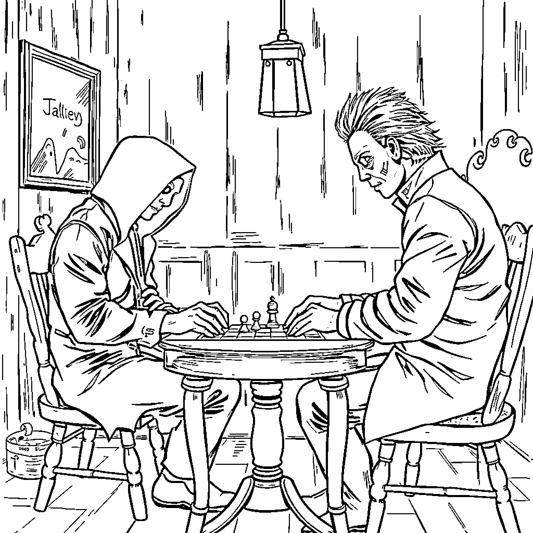 Jigsaw players engage in intense strategic match Coloring Page (free black-and-white line drawing printable PDF for all, from beginners to advanced learners, including children, teens, adults, and seniors)