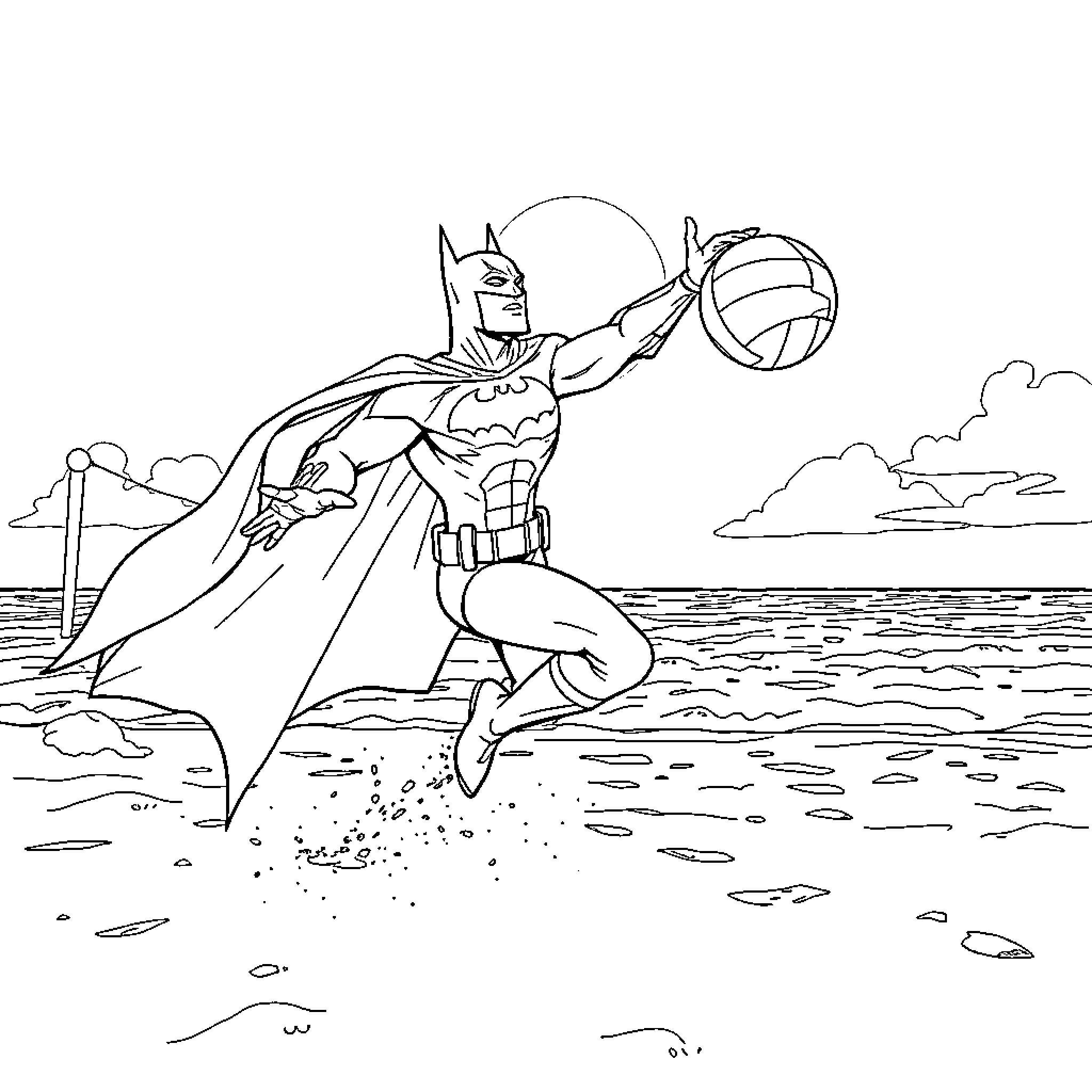 Batman heroically rescuing a beachball from the waves Coloring Page (free black-and-white line drawing printable PDF for all, from beginners to advanced learners, including children, teens, adults, and seniors)