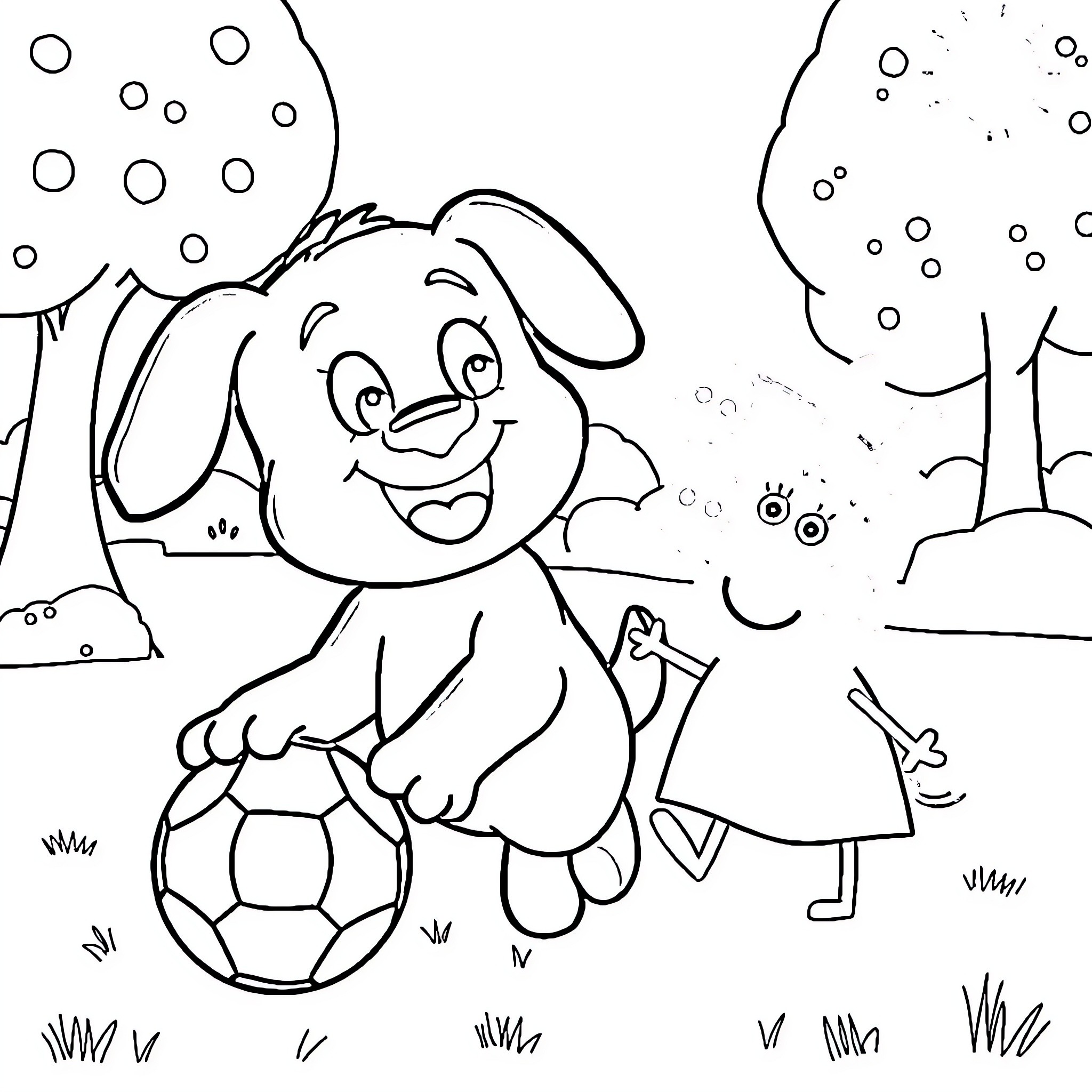 Bluey playing happily with a soccer ball in the snow Coloring Page (free black-and-white line drawing printable PDF for all, from beginners to advanced learners, including children, teens, adults, and seniors)