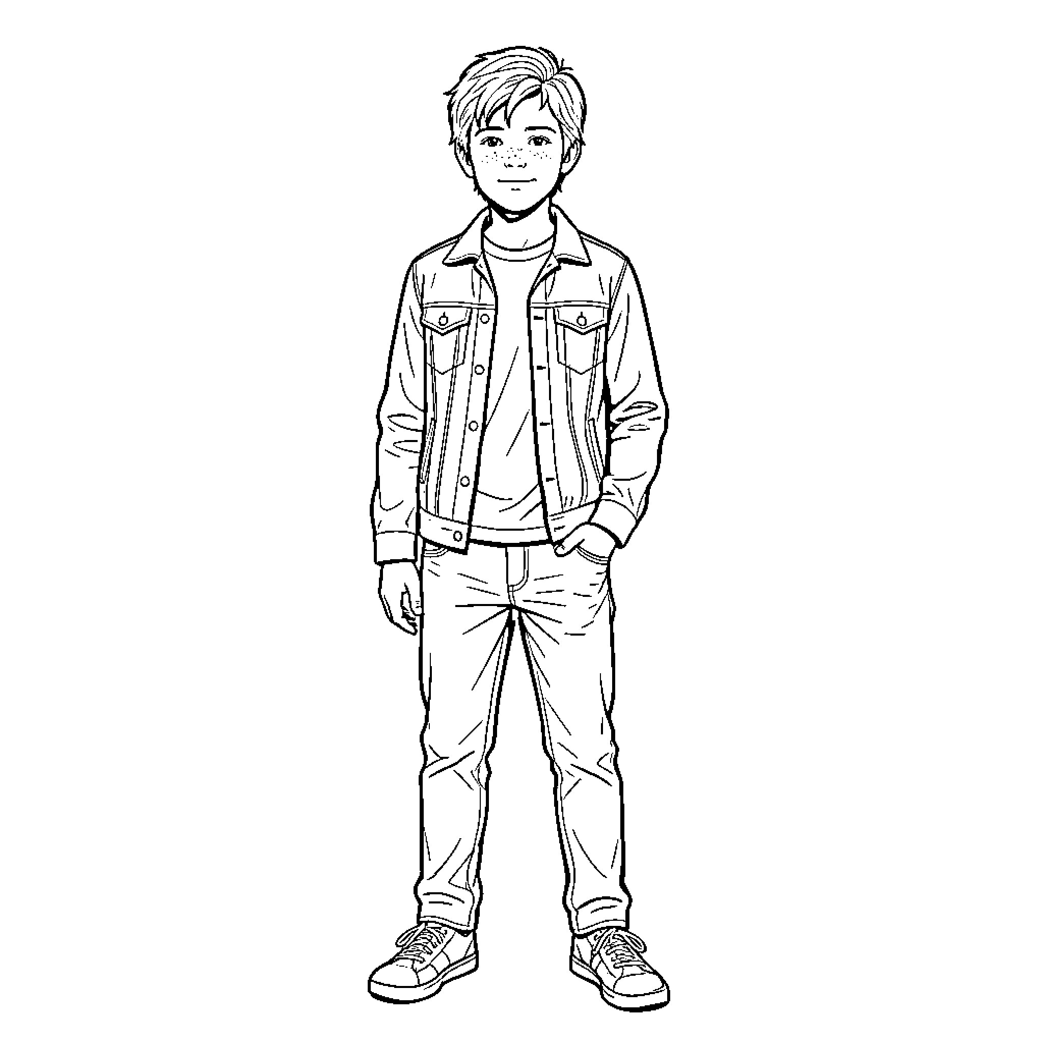Walker Scobell smiling in a denim jacket and jeans Coloring Page (free black-and-white line drawing printable PDF for all, from beginners to advanced learners, including children, teens, adults, and seniors)