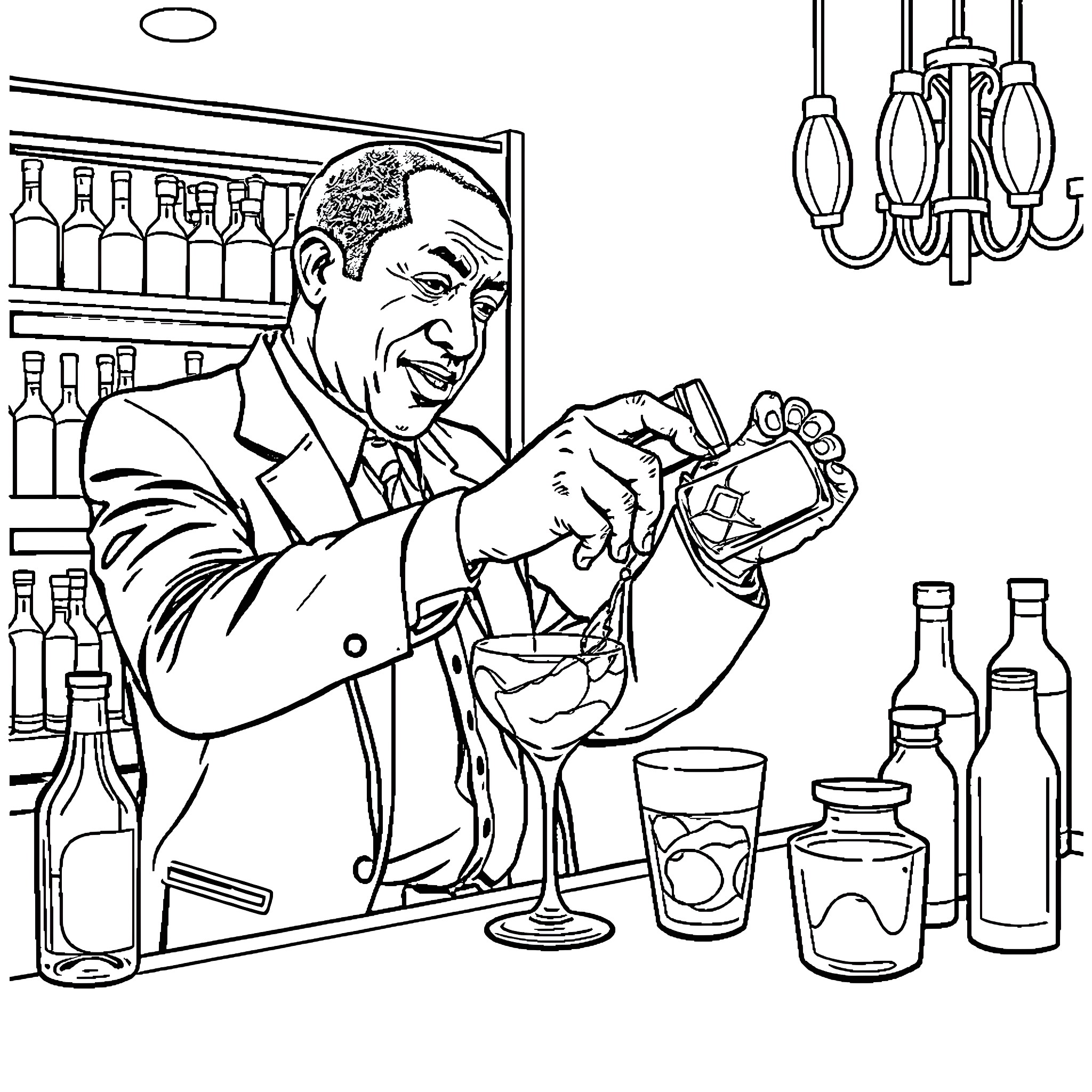 Bill Cosby Mixing Drinks Behind the Bar Coloring Page (free black-and-white line drawing printable PDF for all, from beginners to advanced learners, including children, teens, adults, and seniors)