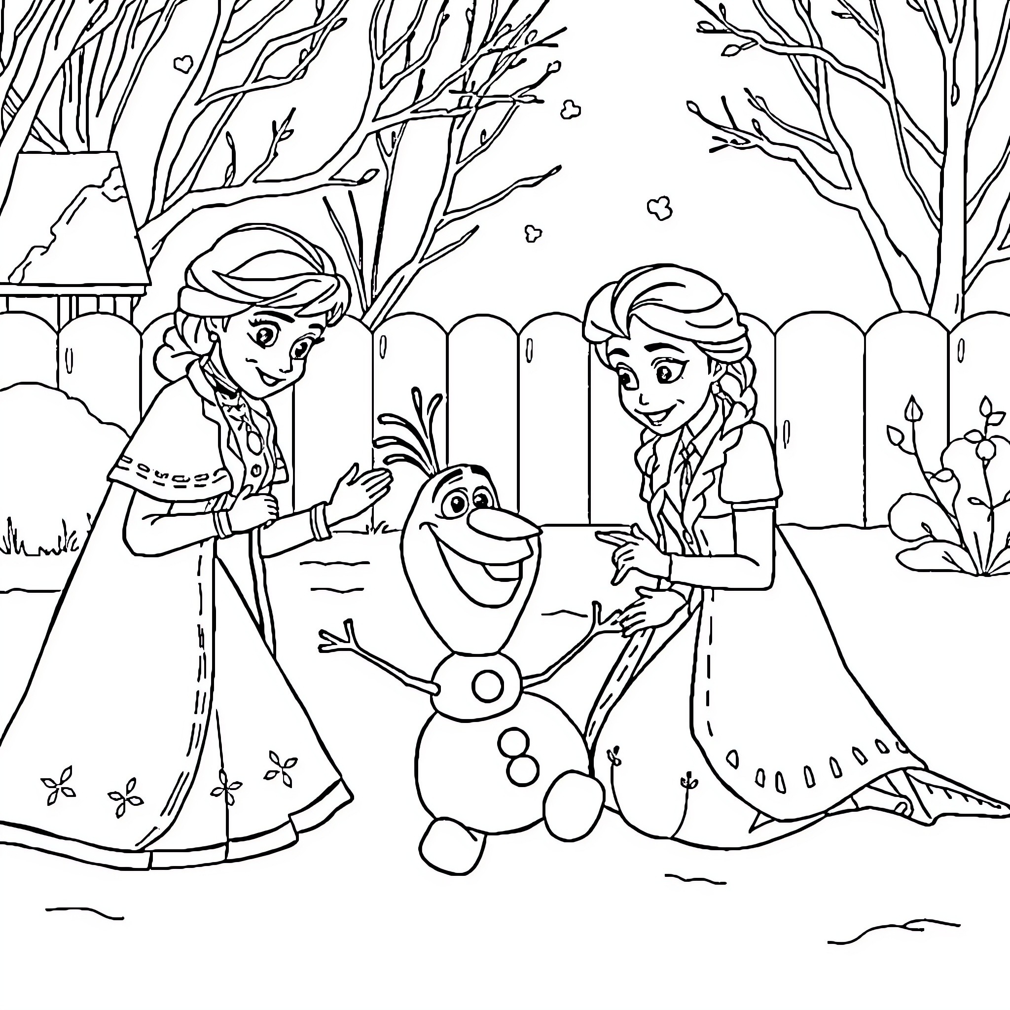 Elsa and Anna building a snowman in the winter wonderland Coloring Page (free black-and-white line drawing printable PDF for all, from beginners to advanced learners, including children, teens, adults, and seniors)