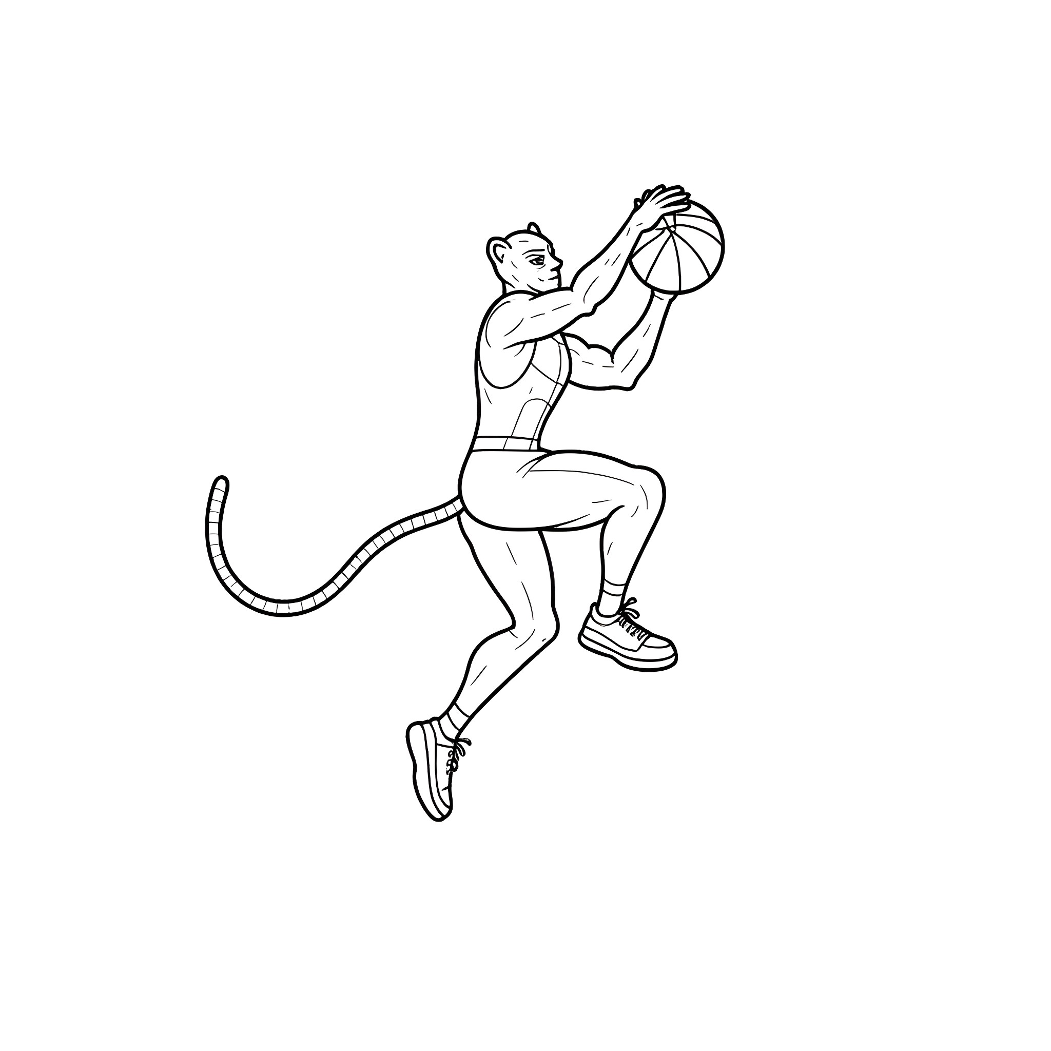 Panther jumping to dunk a basketball Coloring Page (free black-and-white line drawing printable PDF for all, from beginners to advanced learners, including children, teens, adults, and seniors)