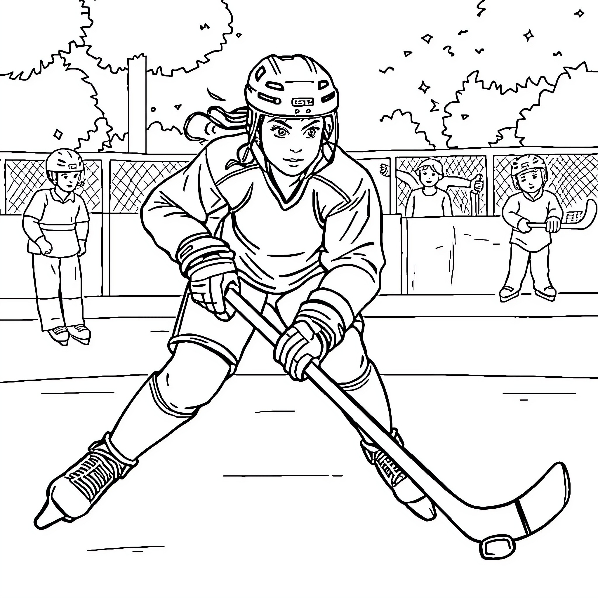 Ringette Player in Intense Competition on Ice Rink Coloring Page (free black-and-white line drawing printable PDF for all, from beginners to advanced learners, including children, teens, adults, and seniors)