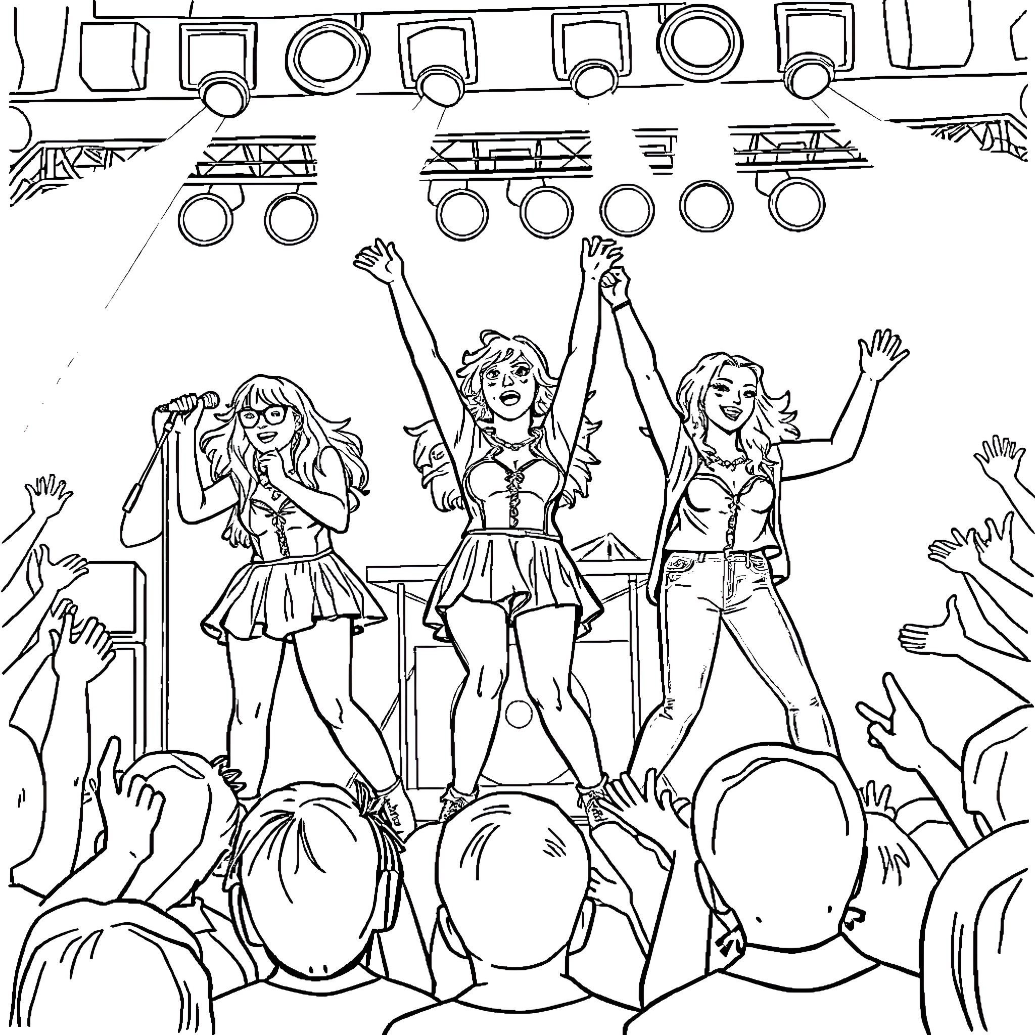 DollyStyle Performers Entertaining the Crowd Coloring Page (free black-and-white line drawing printable PDF for all, from beginners to advanced learners, including children, teens, adults, and seniors)