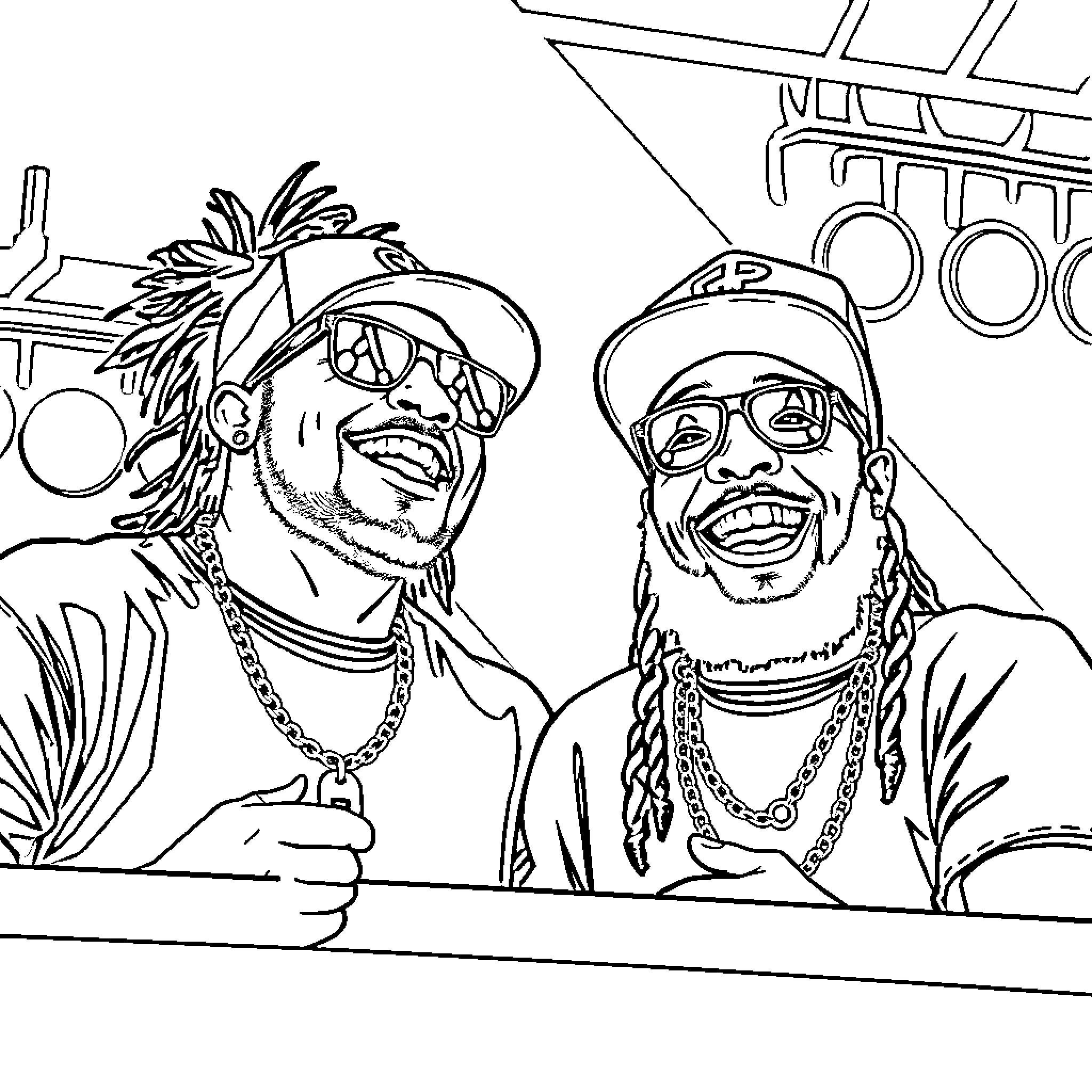 Jelly Roll Rappers Enjoying the Limelight Coloring Page (free black-and-white line drawing printable PDF for all, from beginners to advanced learners, including children, teens, adults, and seniors)