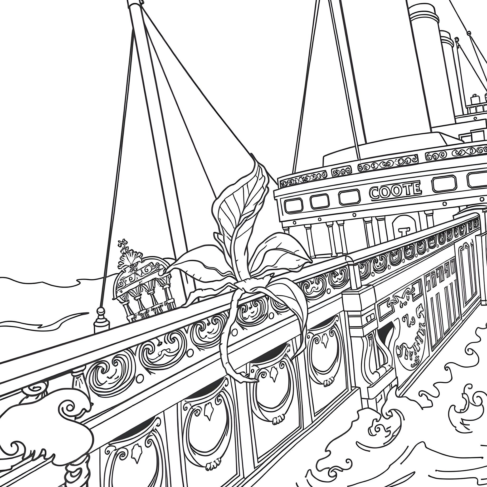 Venus Flytrap on Ornate Passenger Vessel Coloring Page (free black-and-white line drawing printable PDF for all, from beginners to advanced learners, including children, teens, adults, and seniors)