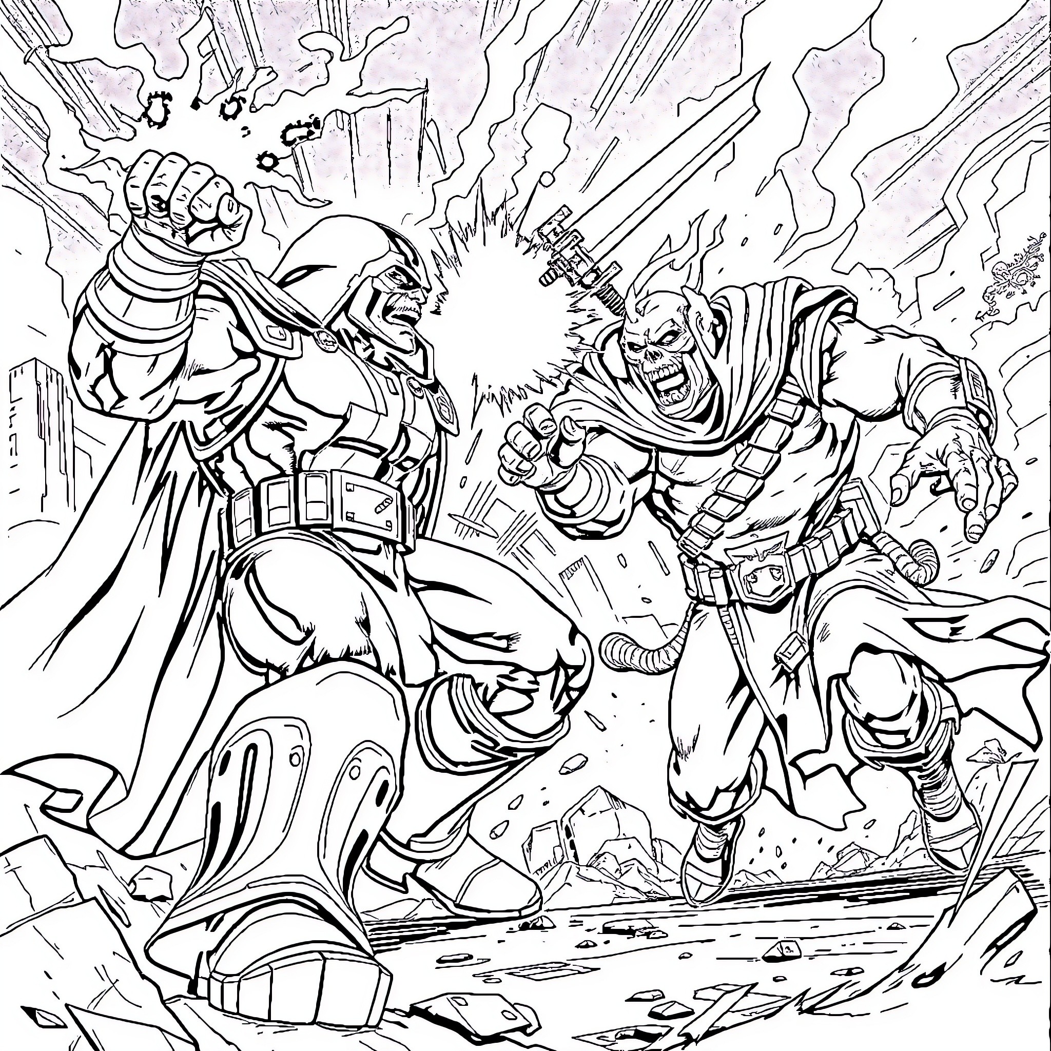 Doom: Superheroes Clash in Chaotic Battle Coloring Page (free black-and-white line drawing printable PDF for all, from beginners to advanced learners, including children, teens, adults, and seniors)