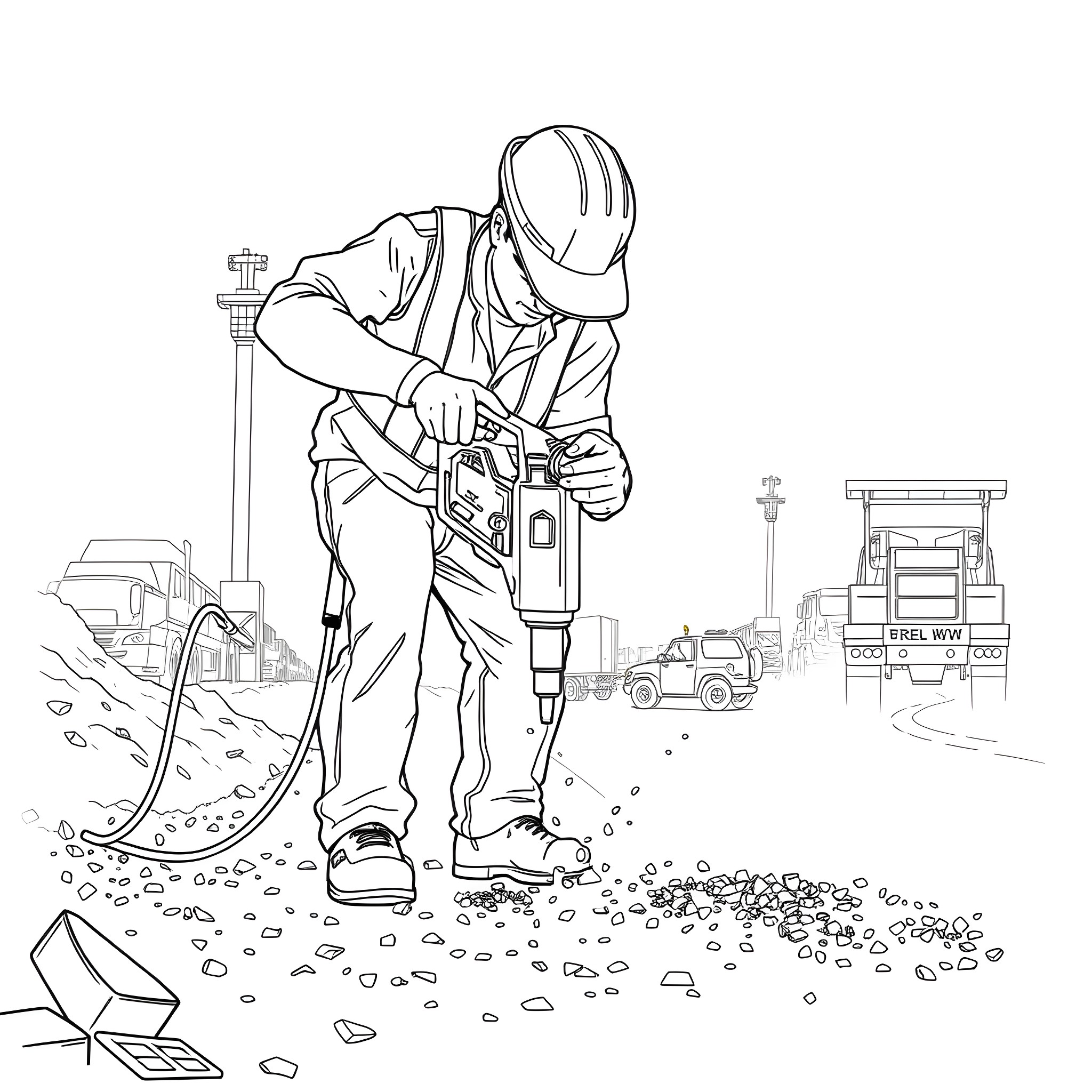 Worker Operating Power Tool on Construction Site Coloring Page (free black-and-white line drawing printable PDF for all, from beginners to advanced learners, including children, teens, adults, and seniors)