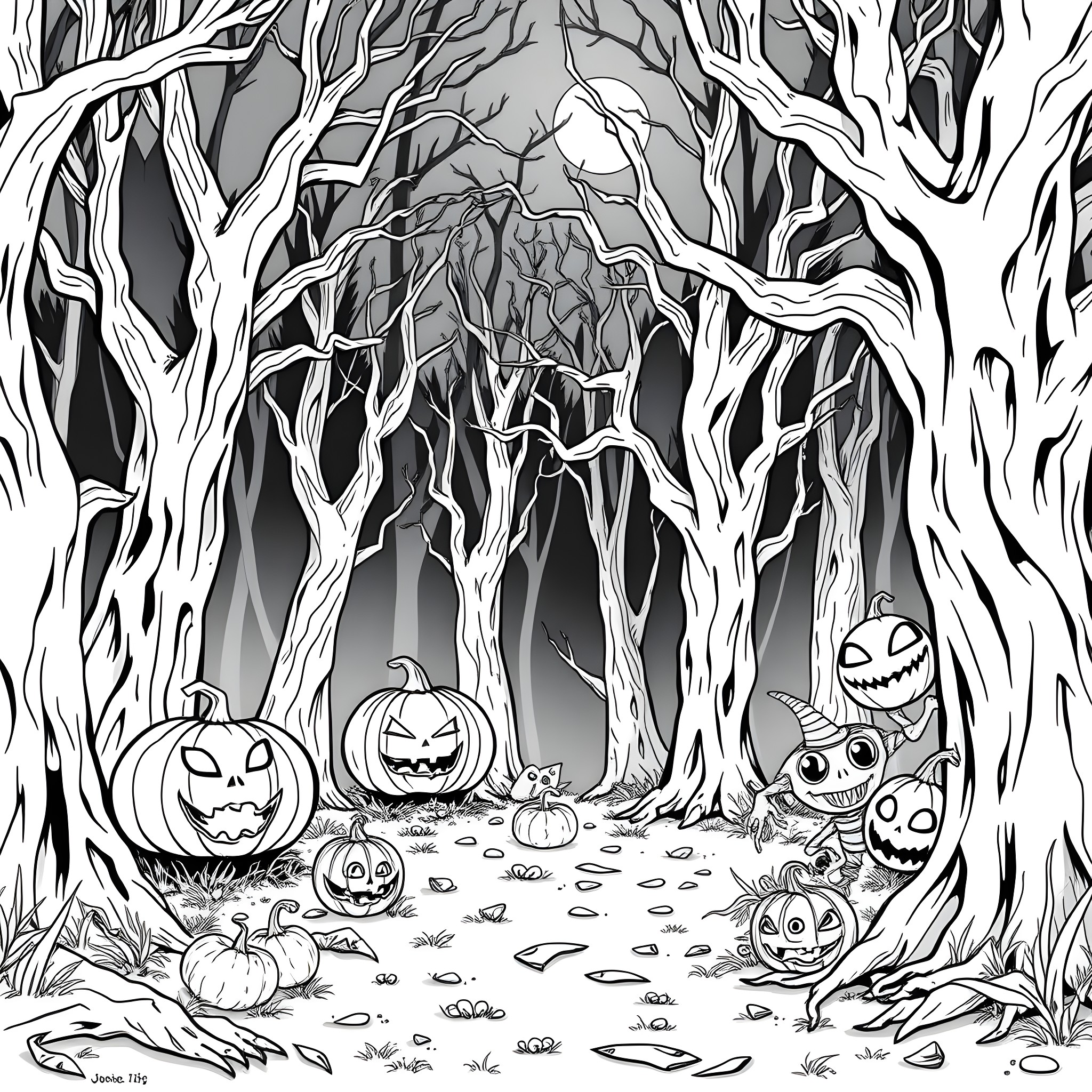 Halloween Spooky Forest with Carved Pumpkins Coloring Page (free black-and-white line drawing printable PDF for all, from beginners to advanced learners, including children, teens, adults, and seniors)