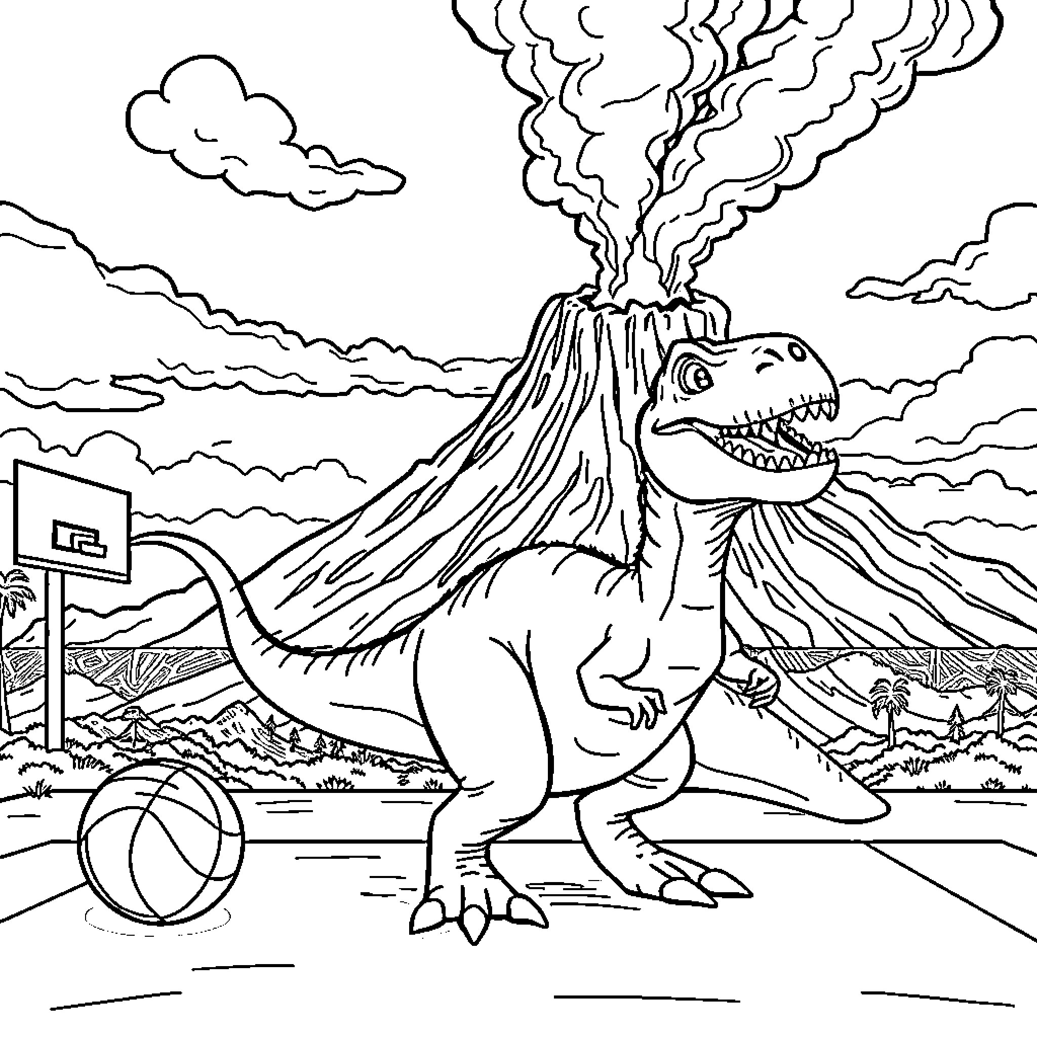 T-Rex erupting from the earth in a volcanic landscape Coloring Page (free black-and-white line drawing printable PDF for all, from beginners to advanced learners, including children, teens, adults, and seniors)