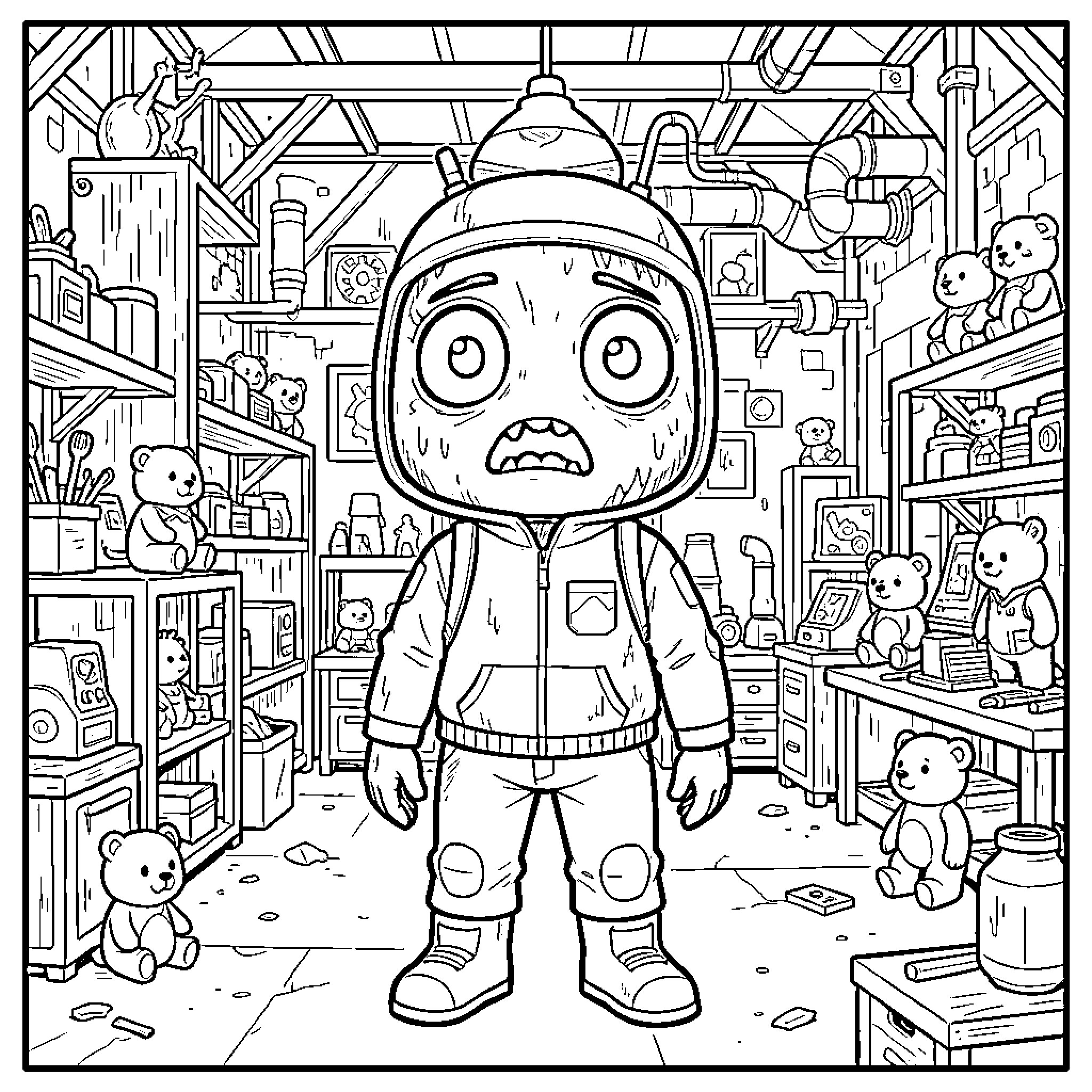 Prototype surprised character standing in a cluttered room Coloring Page (free black-and-white line drawing printable PDF for all, from beginners to advanced learners, including children, teens, adults, and seniors)