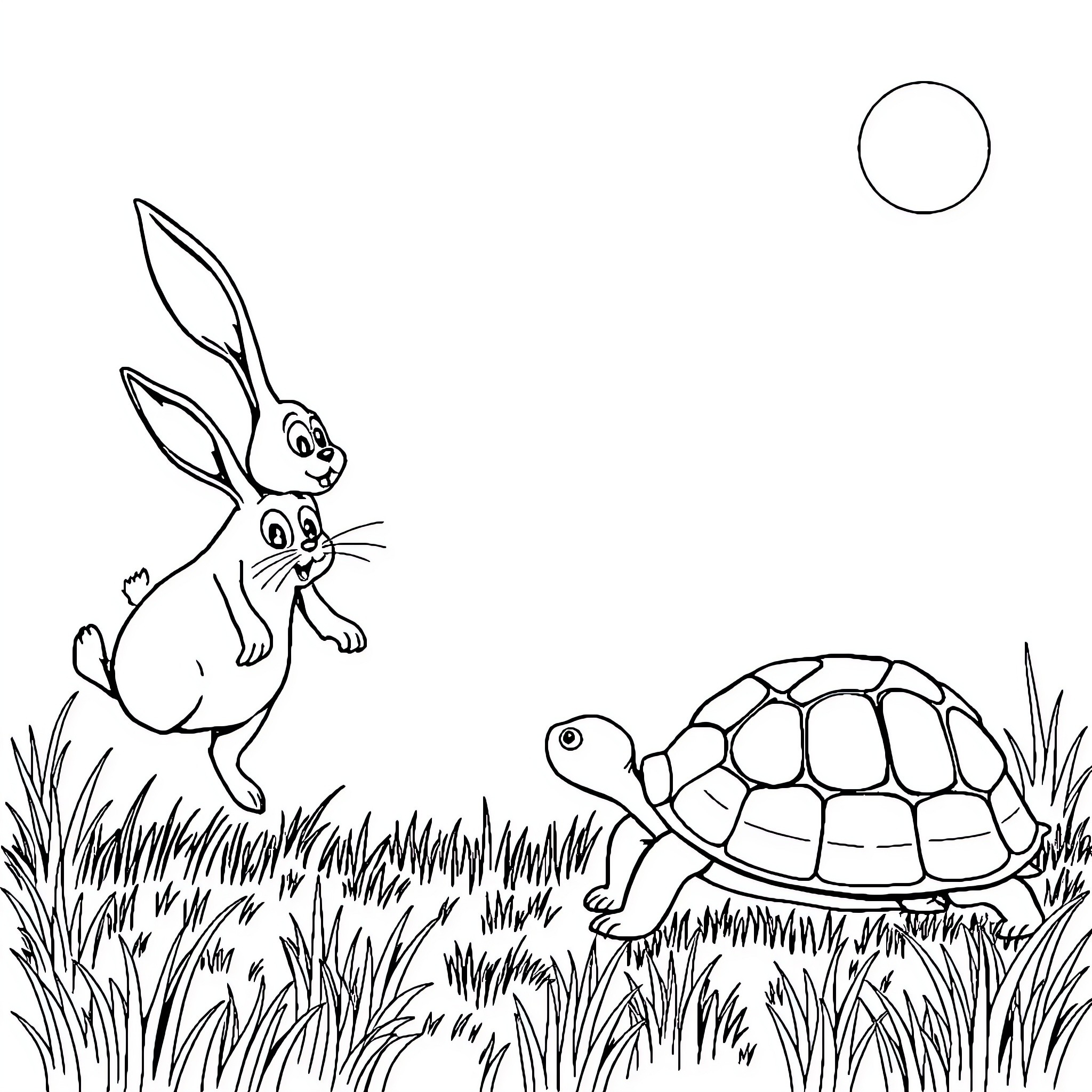 Rabbit hopping merrily with turtle in grassy field Coloring Page (free black-and-white line drawing printable PDF for all, from beginners to advanced learners, including children, teens, adults, and seniors)