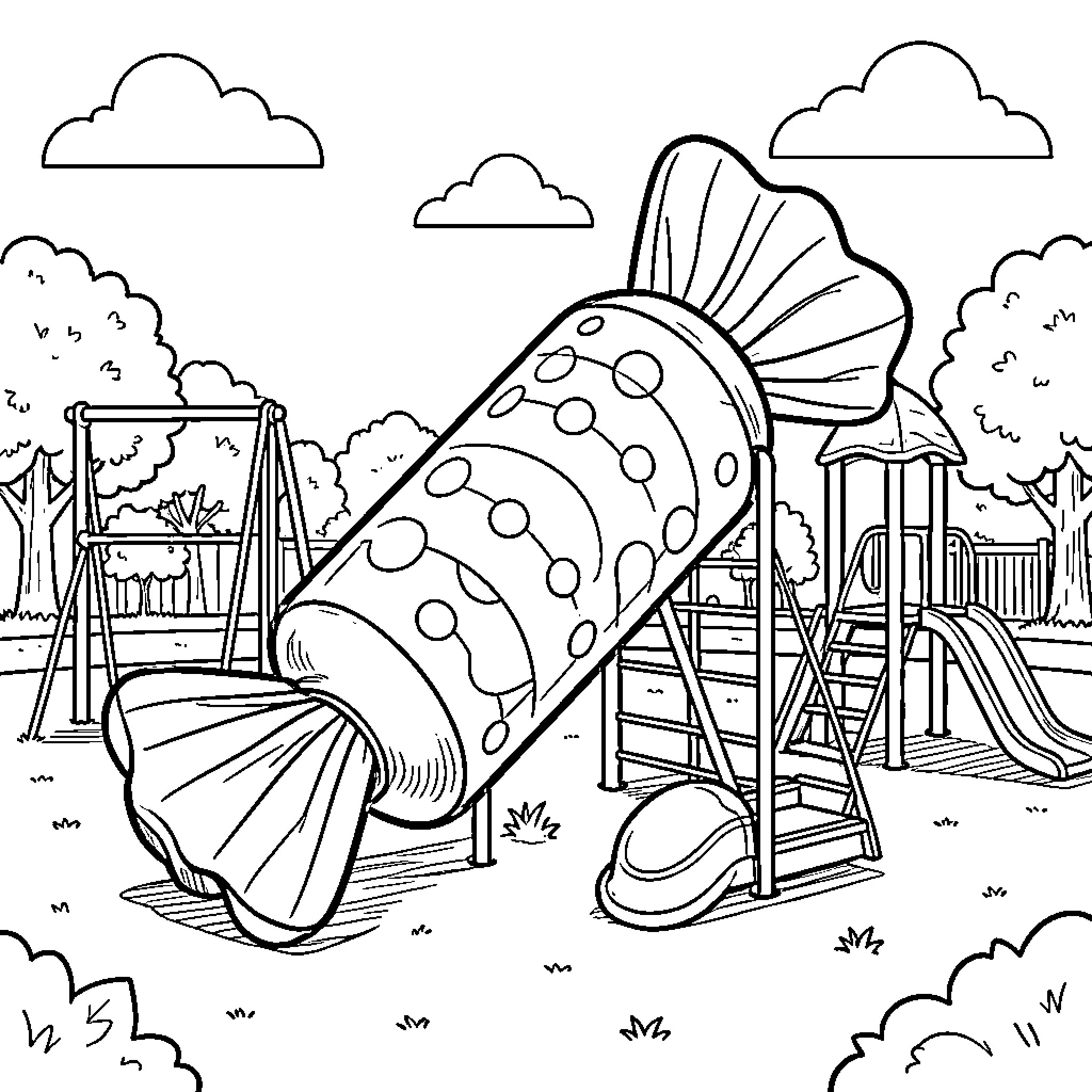 Candy Slide at a fun outdoor playground Coloring Page (free black-and-white line drawing printable PDF for all, from beginners to advanced learners, including children, teens, adults, and seniors)