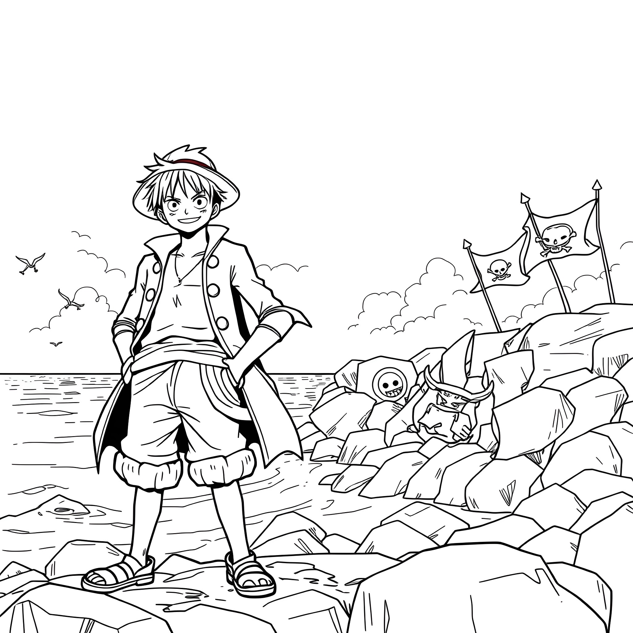 Luffy's Pirate Adventure on the High Seas Coloring Page (free black-and-white line drawing printable PDF for all, from beginners to advanced learners, including children, teens, adults, and seniors)
