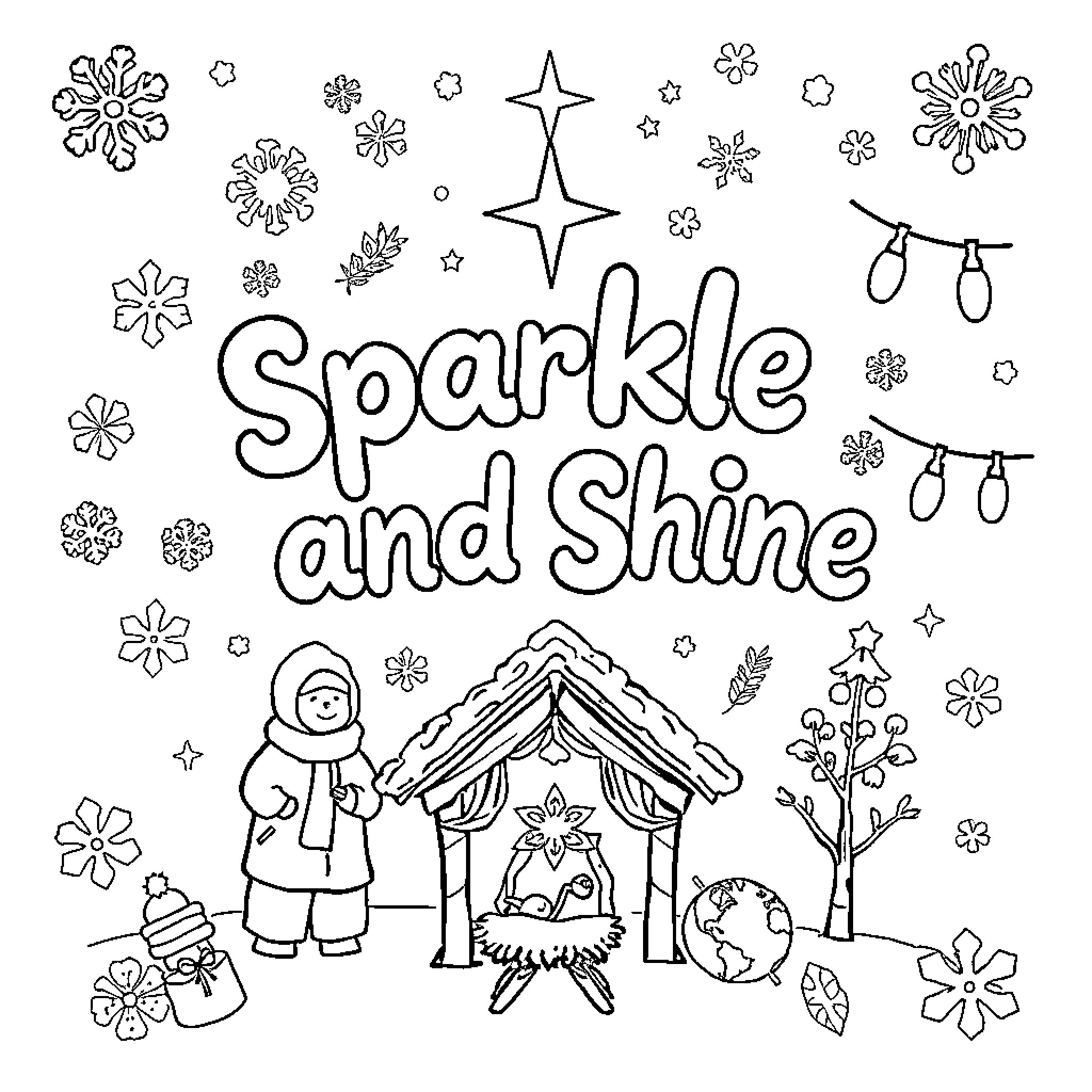 Sparkle and Shine with Festive Decorations Coloring Page (free black-and-white line drawing printable PDF for all, from beginners to advanced learners, including children, teens, adults, and seniors)