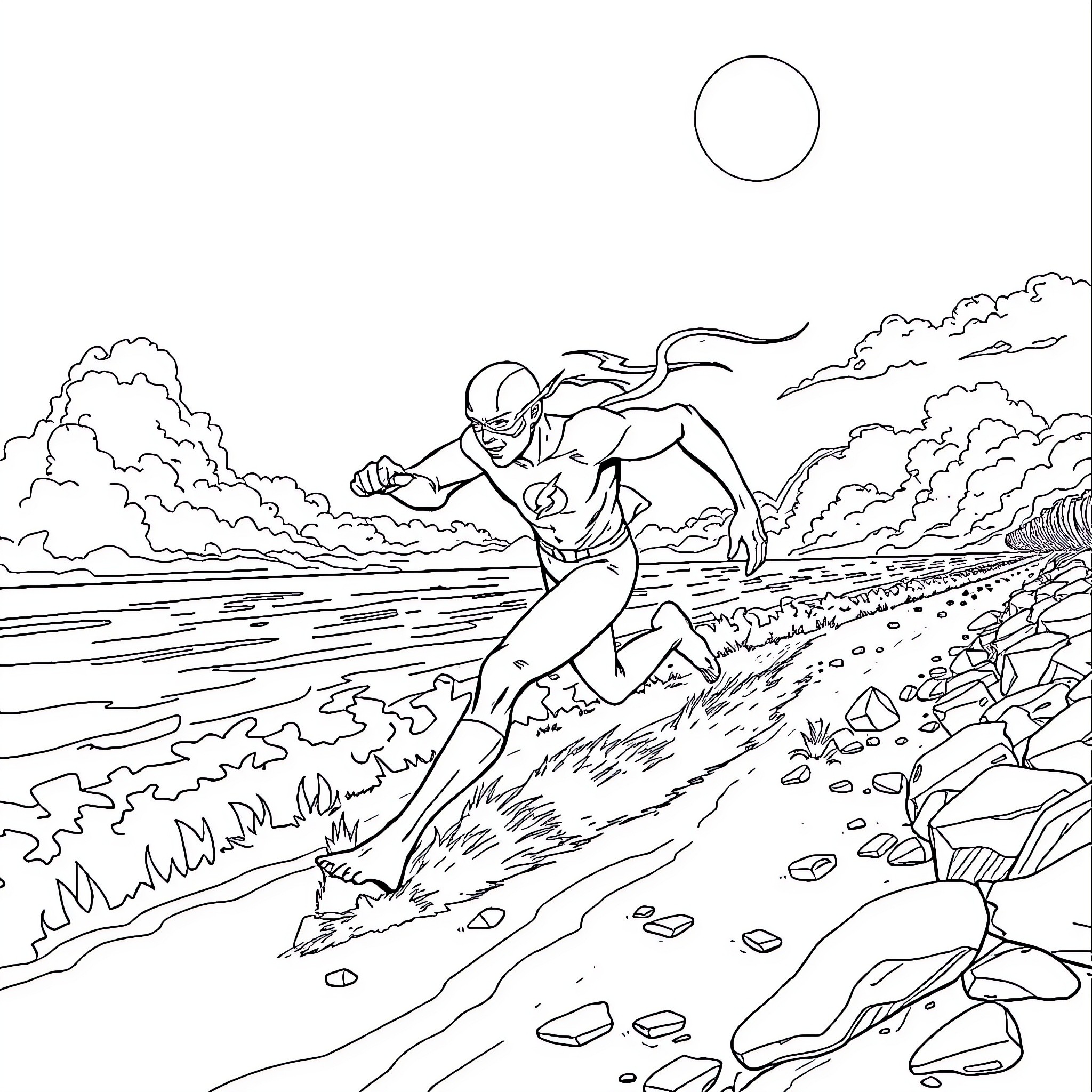 Flash racing through the rugged landscape Coloring Page (free black-and-white line drawing printable PDF for all, from beginners to advanced learners, including children, teens, adults, and seniors)