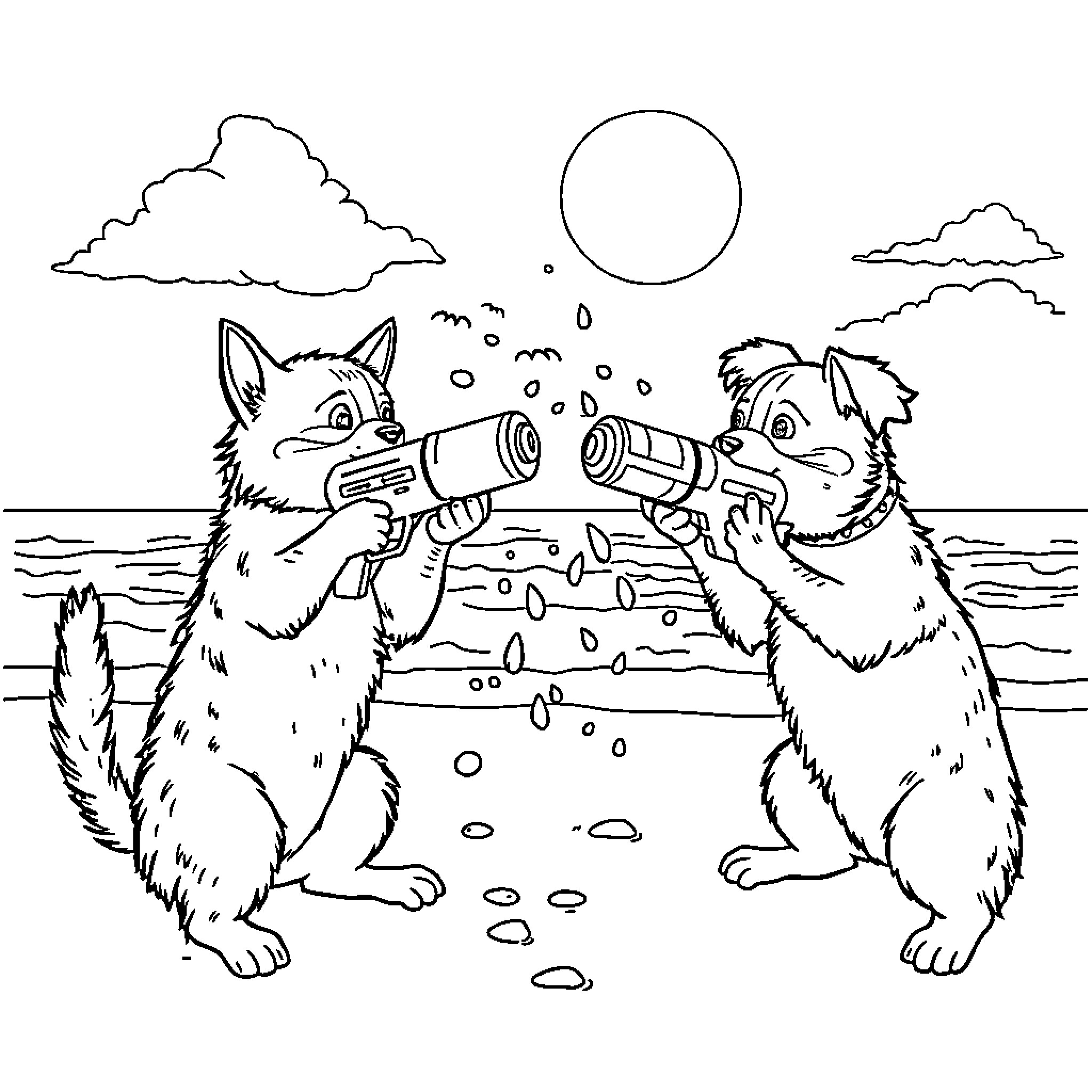 Cat and Dog Playing with Water Guns on the Beach Coloring Page (free black-and-white line drawing printable PDF for all, from beginners to advanced learners, including children, teens, adults, and seniors)