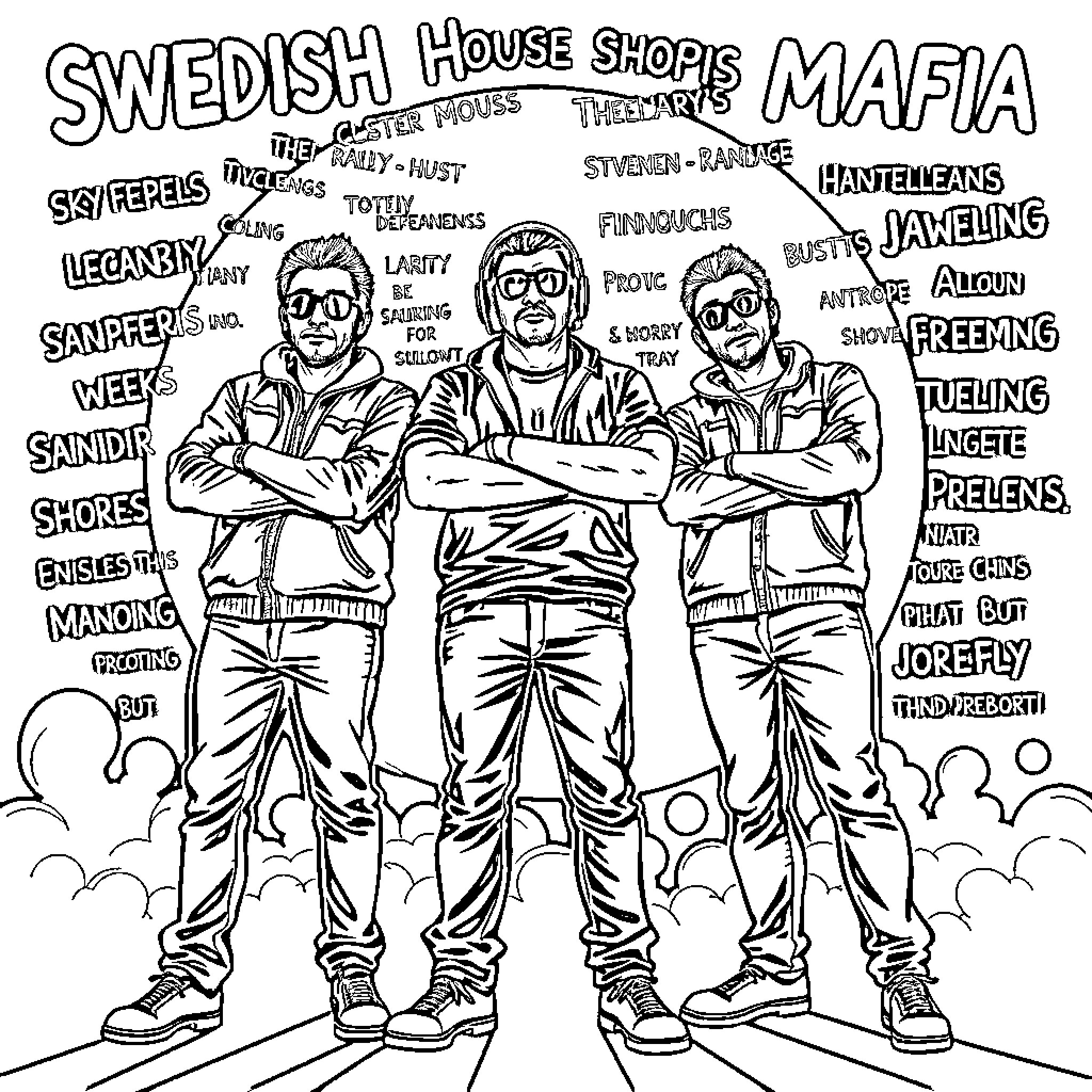 Swedish House Mafia Trio in Casual Attire Coloring Page (free black-and-white line drawing printable PDF for all, from beginners to advanced learners, including children, teens, adults, and seniors)